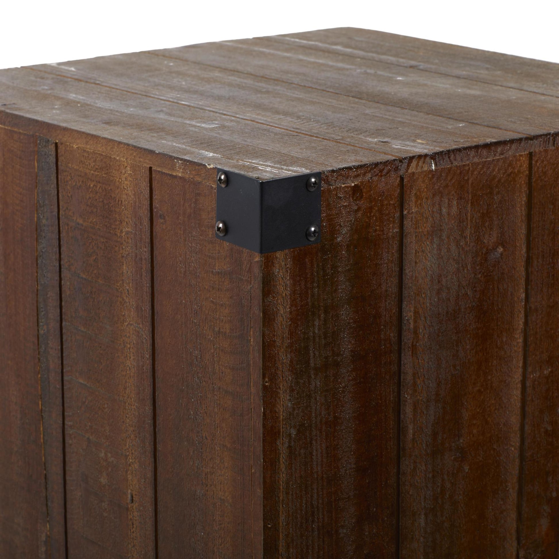 Set of 5 Brown Wood Pillar Style Side End Pedestal Table with Metal Corner Brackets