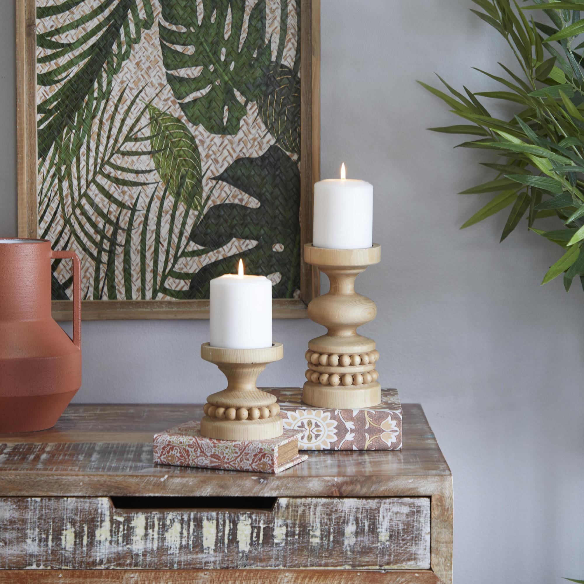 Set of 2 Wood Beaded Pillar Decorative Candle Holder