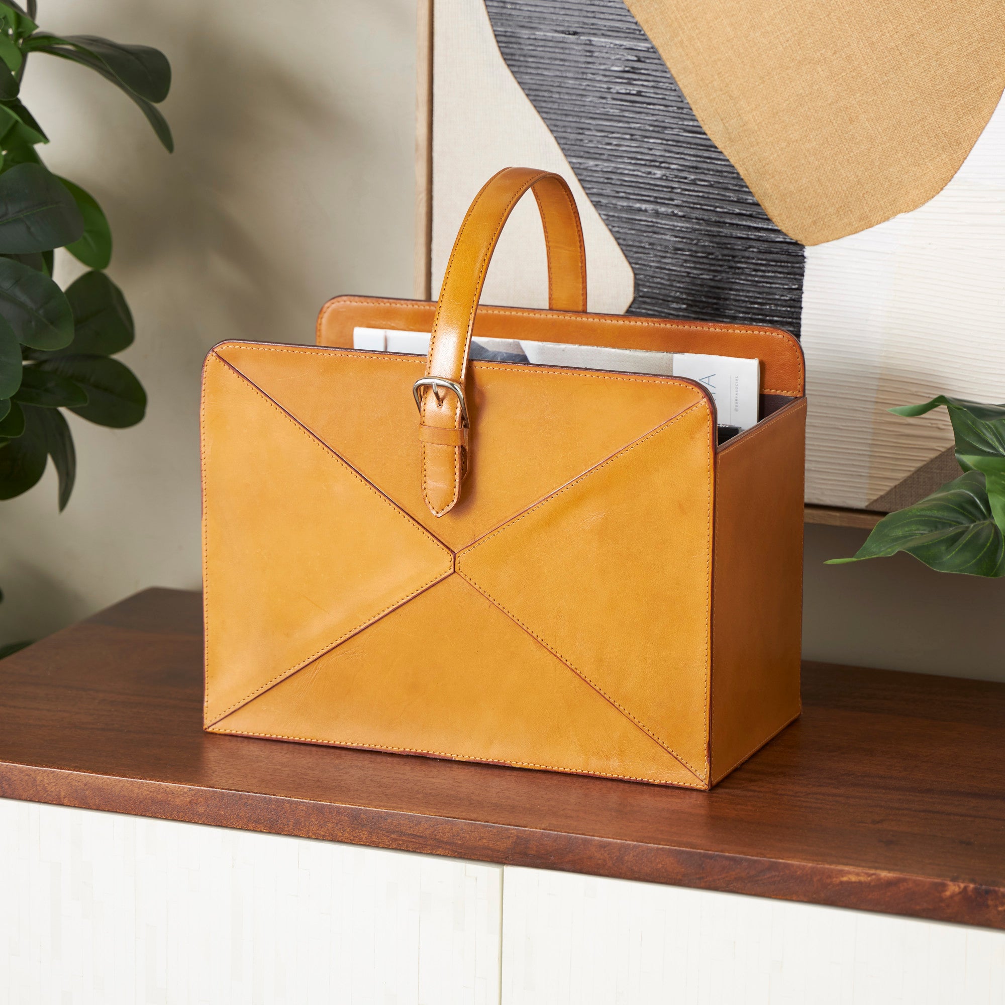 Leather Handmade Box Style Single Slot Decorative Magazine Holder with Detail Stitching and Curved Buckle Handles 16" x 11" x 17"