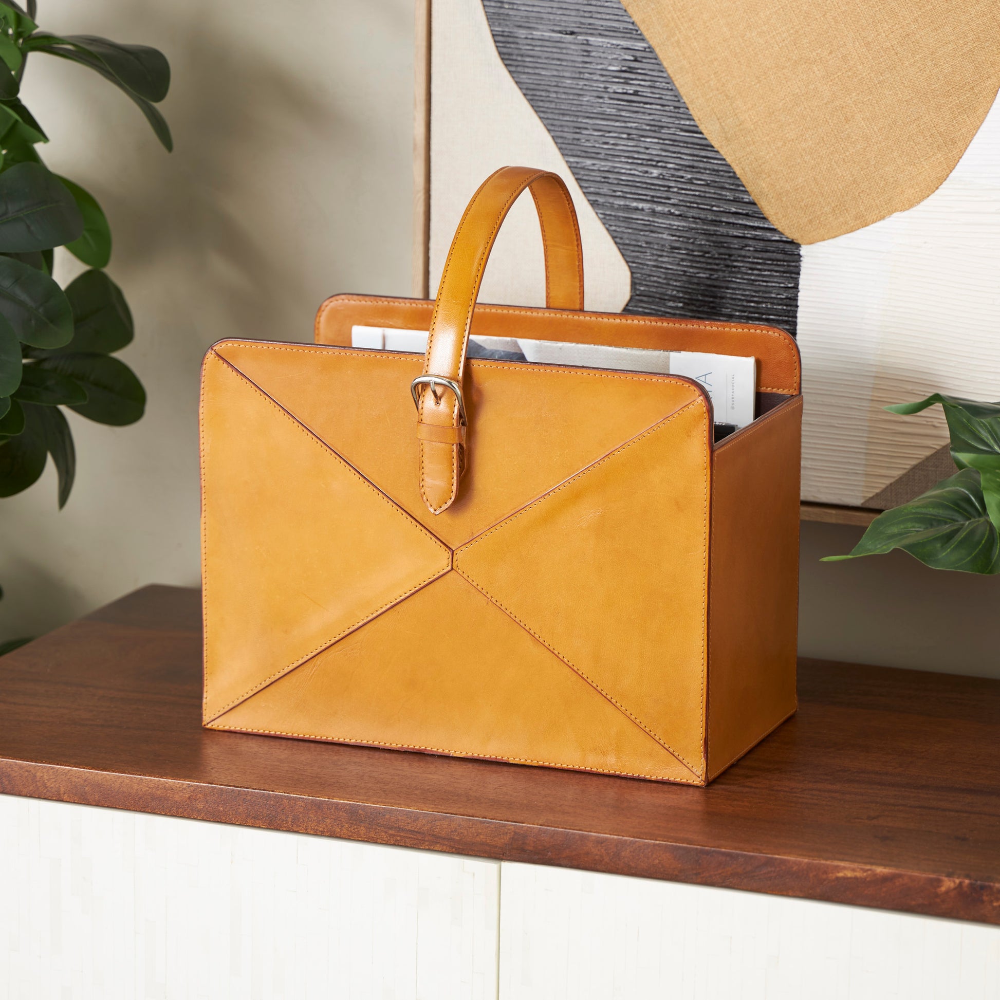 Leather Handmade Box Style Single Slot Decorative Magazine Holder with Detail Stitching and Curved Buckle Handles 16" x 11" x 17"