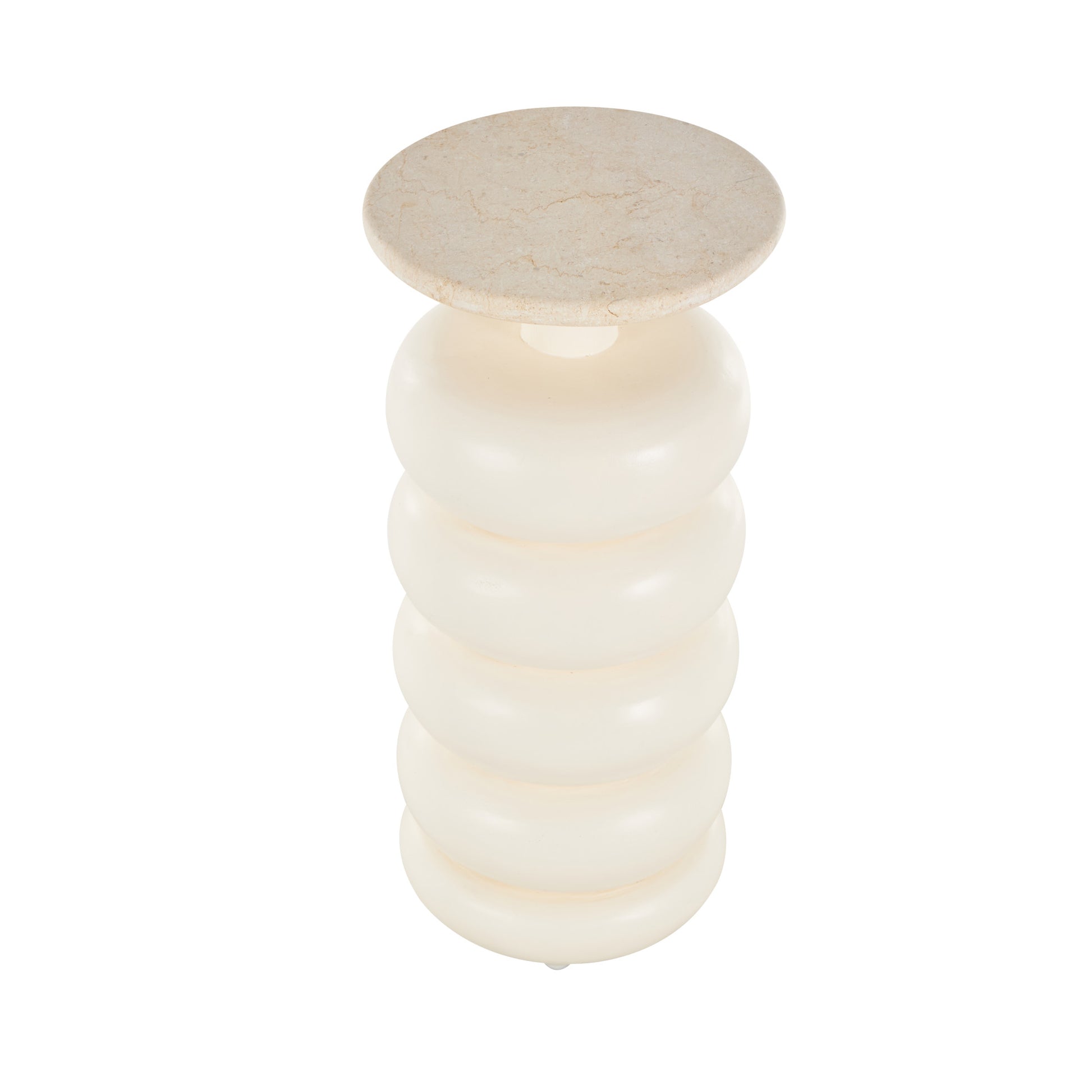 Cream Teak Wood Handmade Carved Bubble Inspired Side End Accent Table with Marble Tabletop