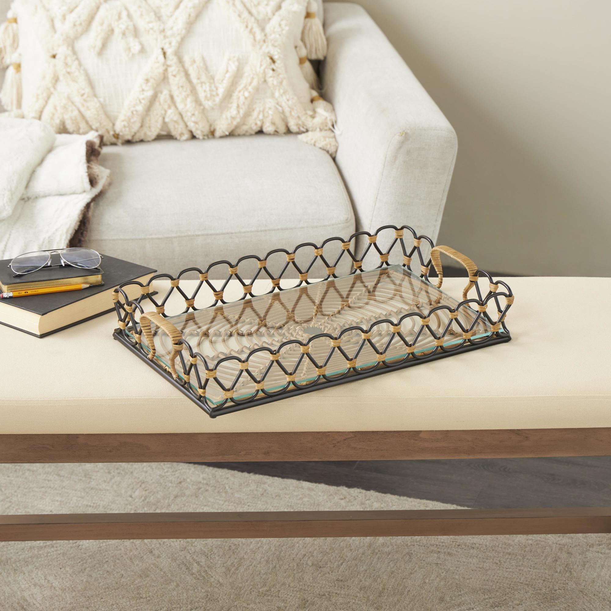 Black Metal Circular Woven Living Room Decor Tray with Glass Base