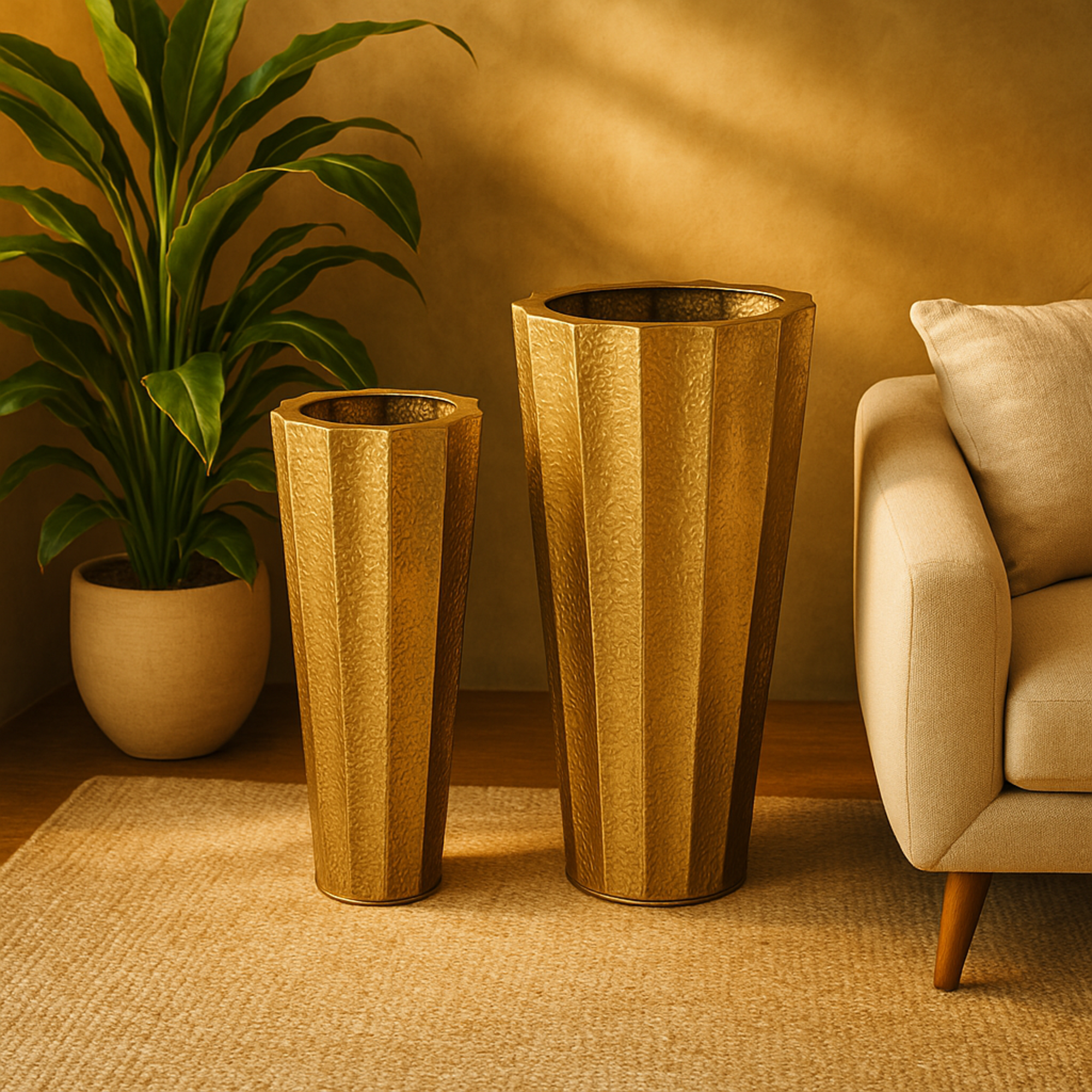 Set of 2 Gold Metal Tall Textured Hammered Floor Decorative Vase