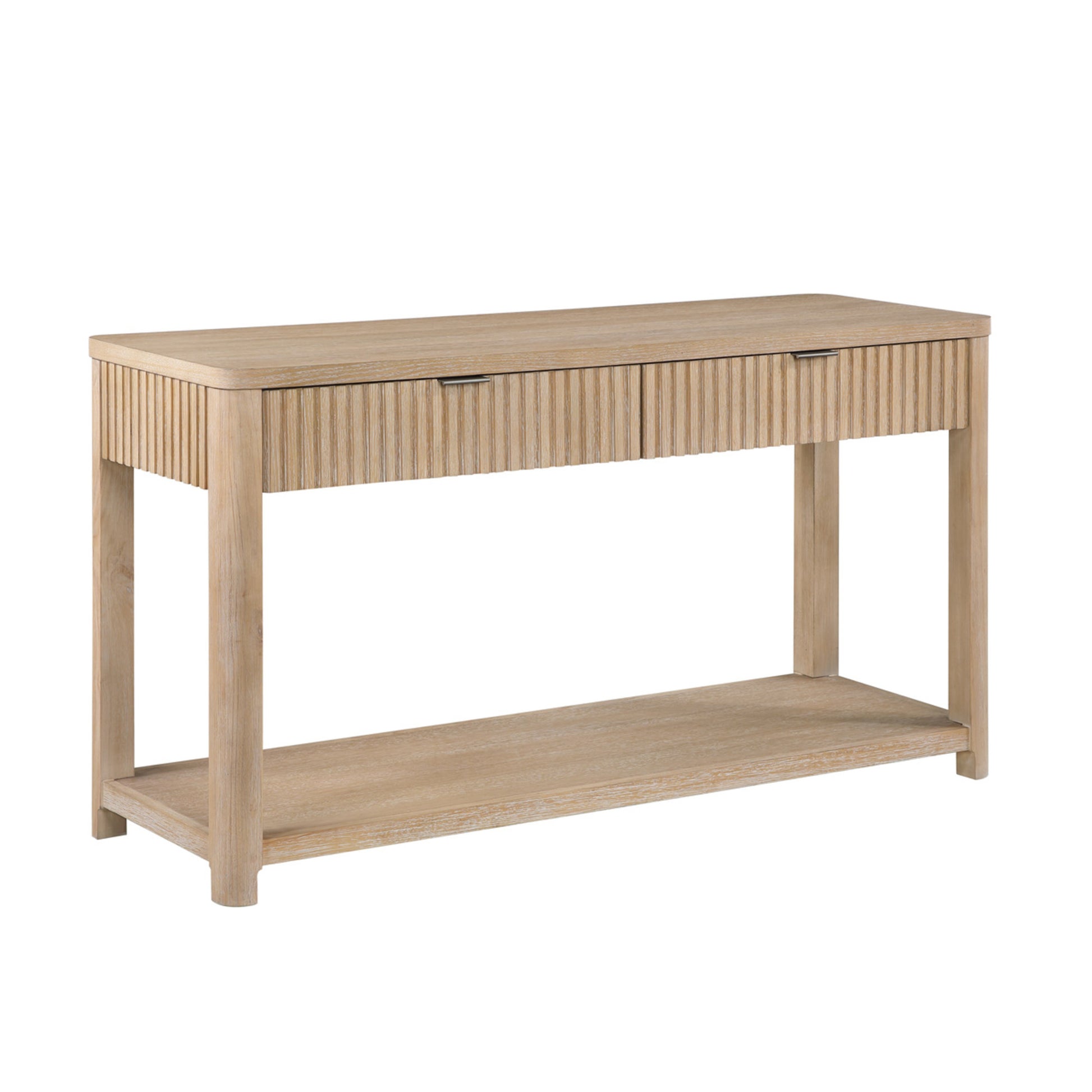 Light Brown Wooden Slatted 2 Drawer Living Room Console Table with Natural Wood Grains and Silver Handles