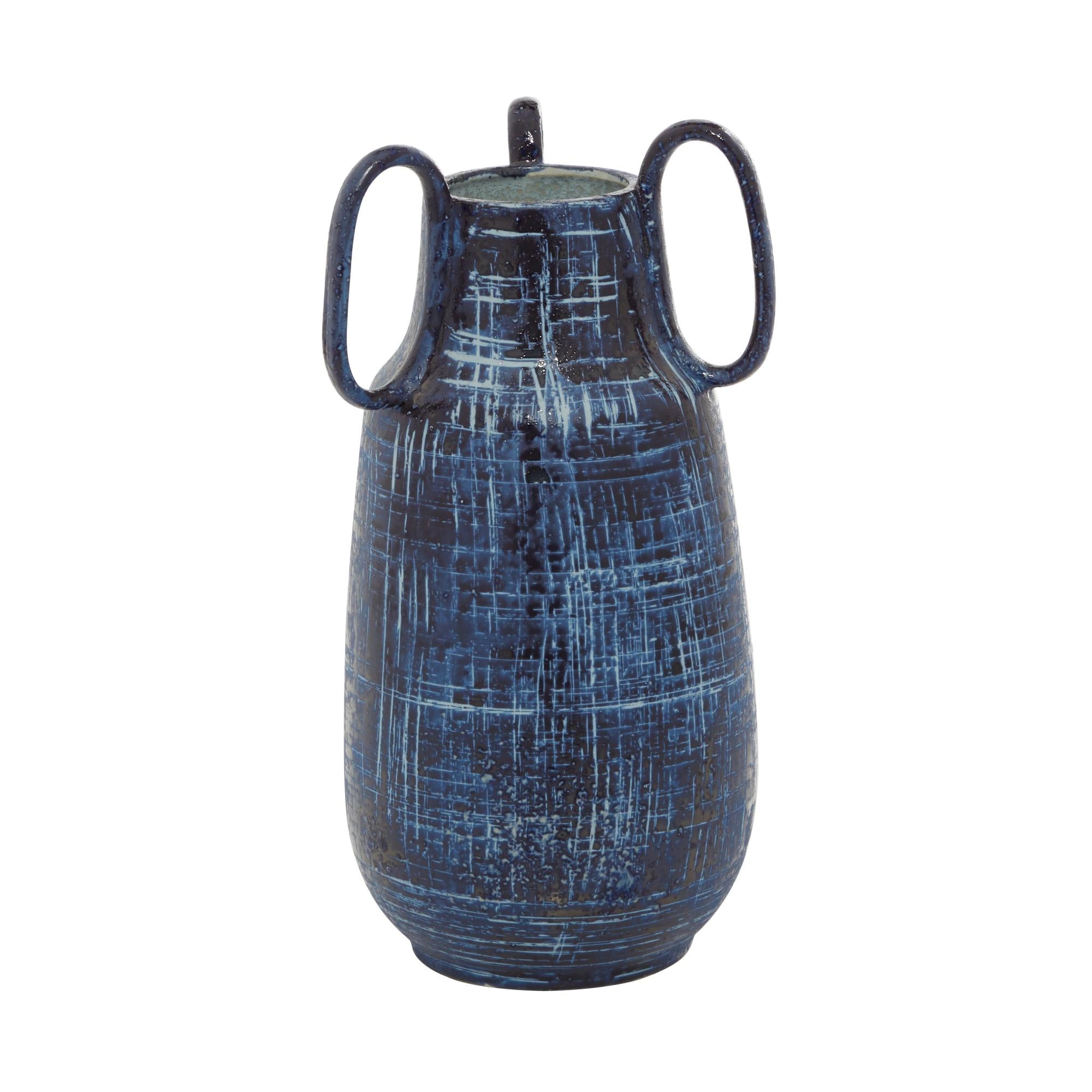 Blue Ceramic Decorative Vase with Handles