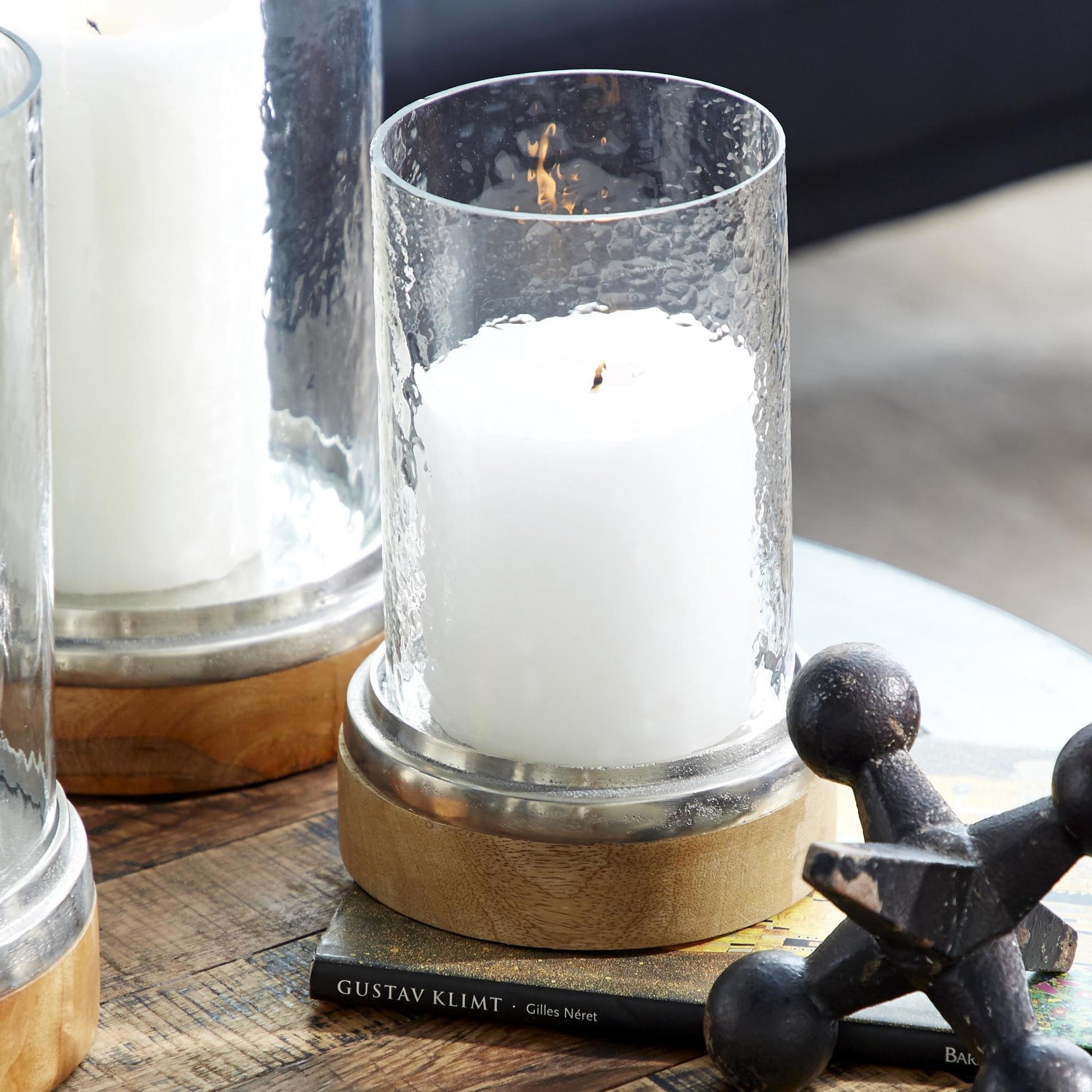 Set of 3 Brown Wood Pillar Room Hurricane Lamp with Glass Candle Holders