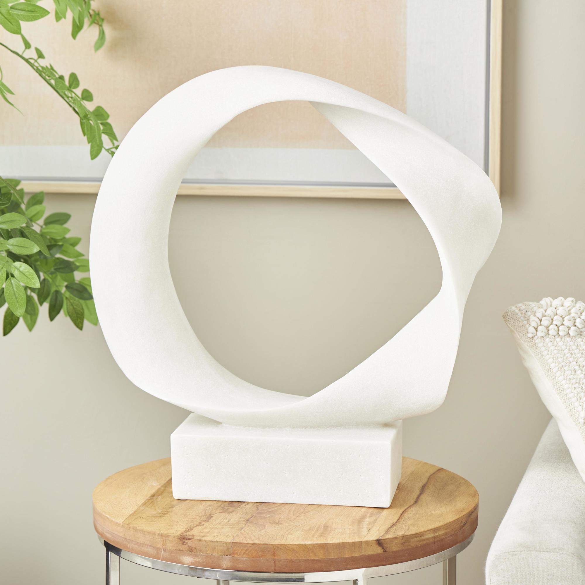 Abstract White Polystone Textured Open Wave Decorative Sculpture with Elevated Base
