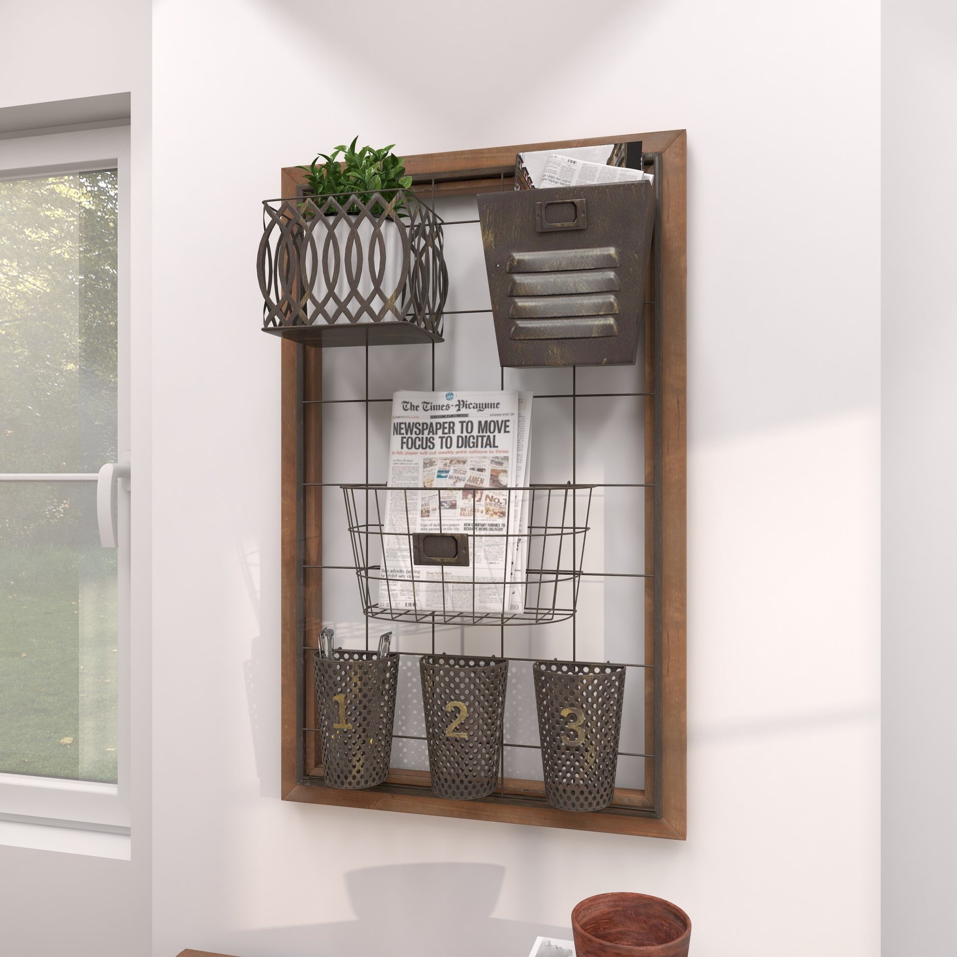 Brown Metal 1 Slot and 5 Baskets Decorative Magazine Rack Holder with Suspended Baskets and Label Slot