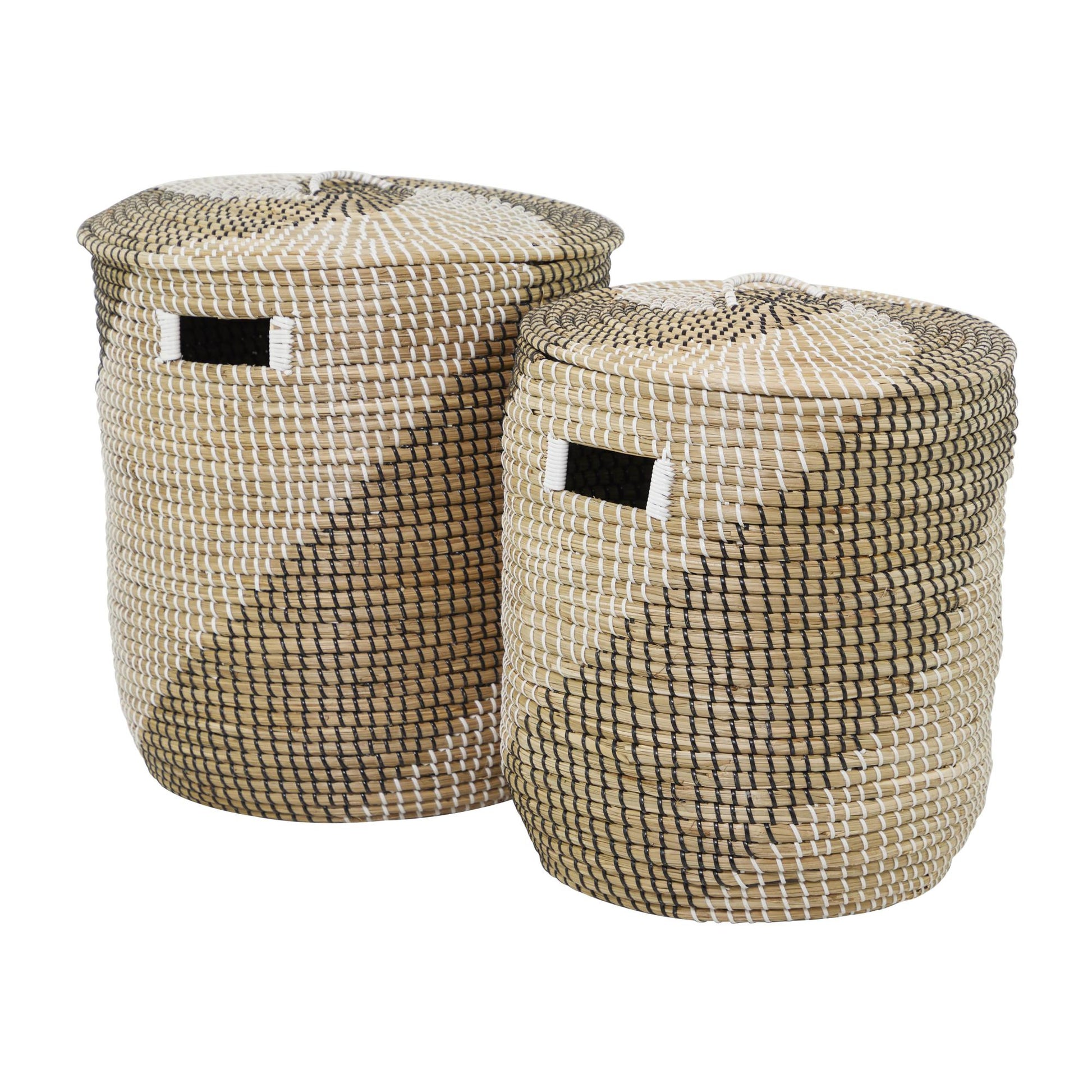 Set of 2 Brown Seagrass Handmade Two Toned Decorative and Functional Storage Basket with Matching Lids