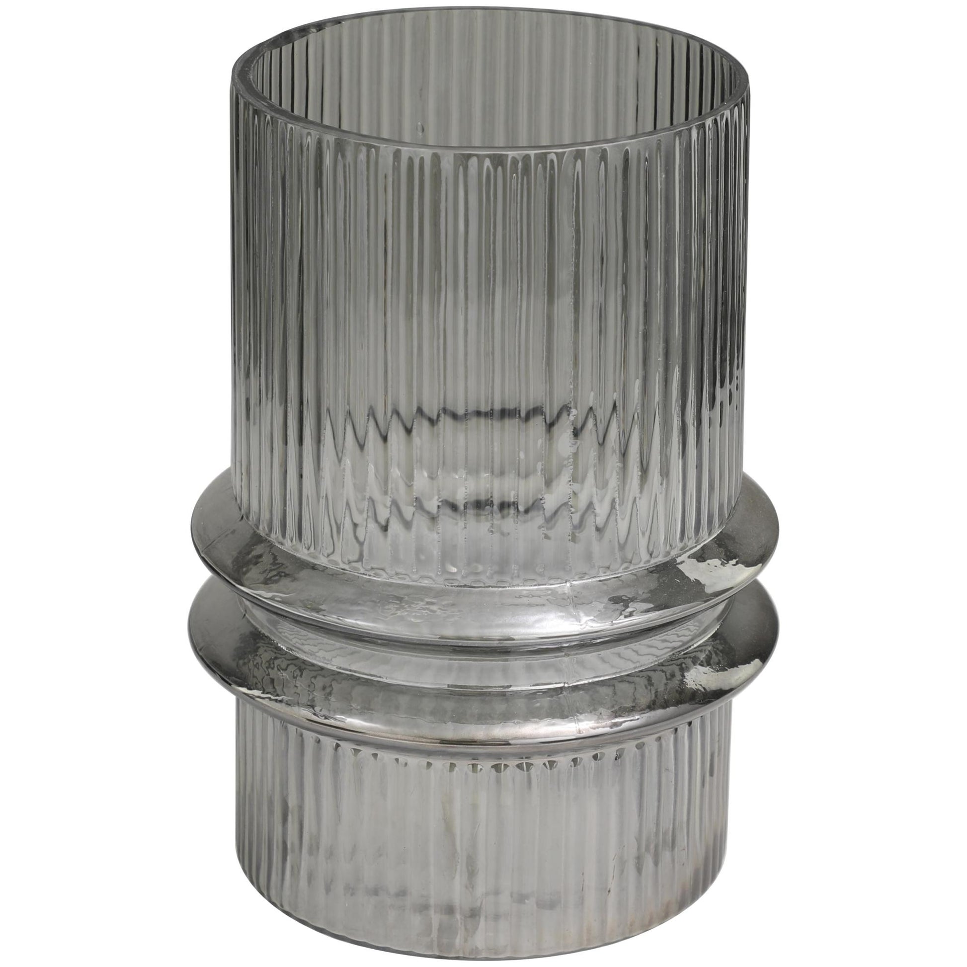 Gray Glass Wide Ribbed Decorative Candle Holder with Fluted Center