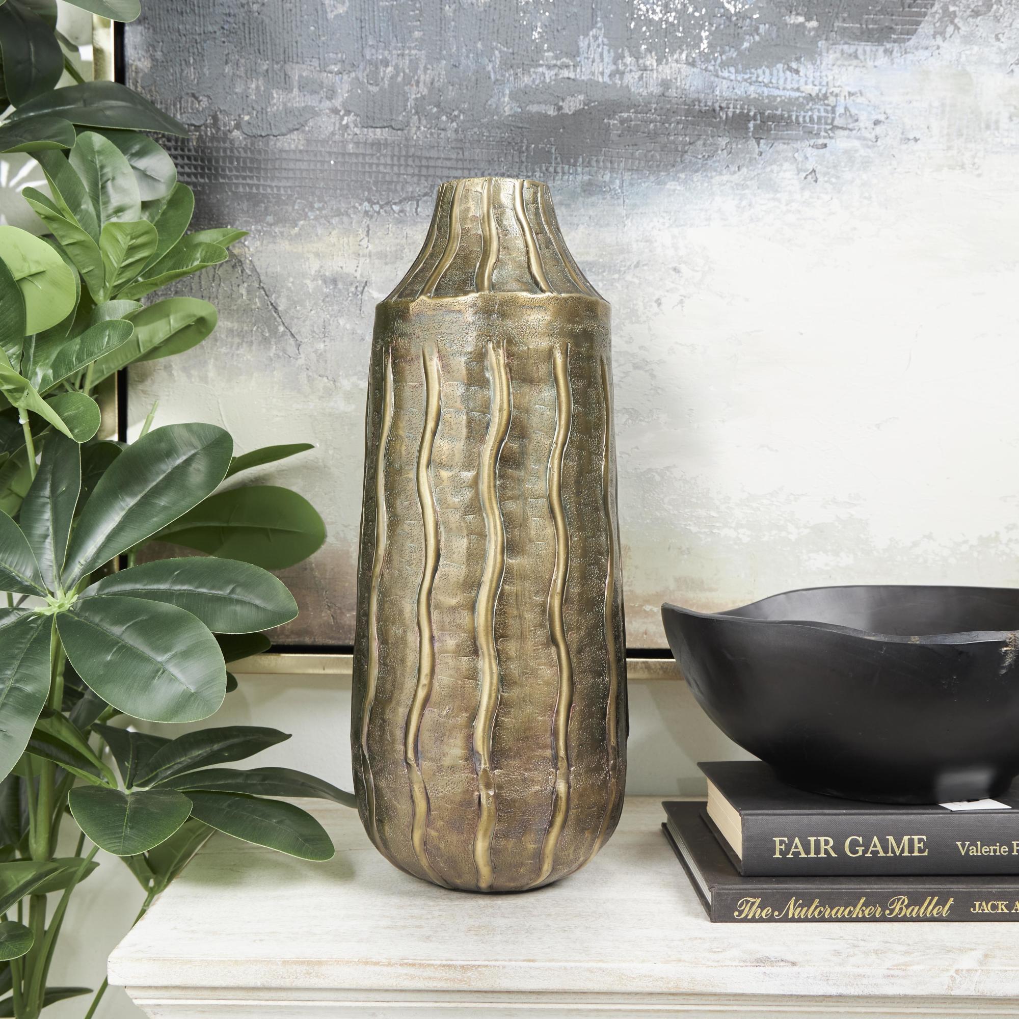 Brass Metal Snakeskin Inspired Decorative Vase with Dimensional Wavy Accents