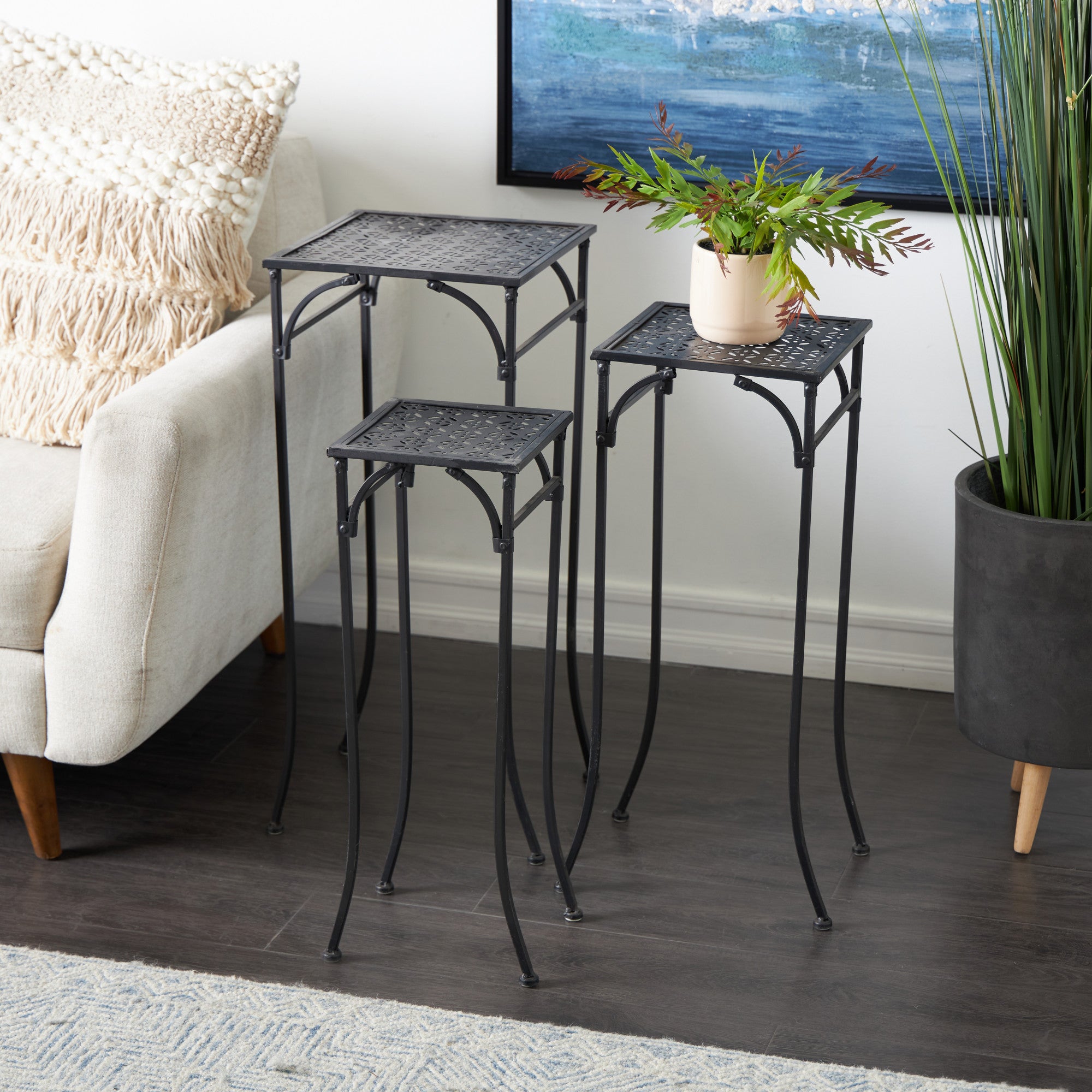 Set of 3 Black Metal Cut-out 3 Tier Indoor Outdoor Plantstand