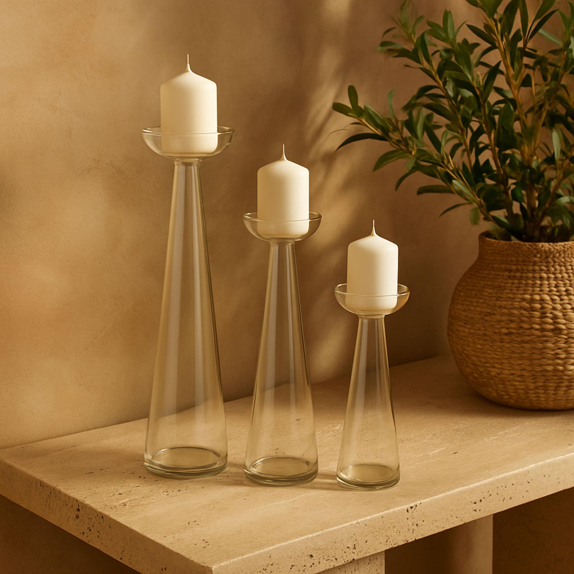Set of 3 Glass Tapered Cone Decorative Candle Holder with Rounded Candle Plates