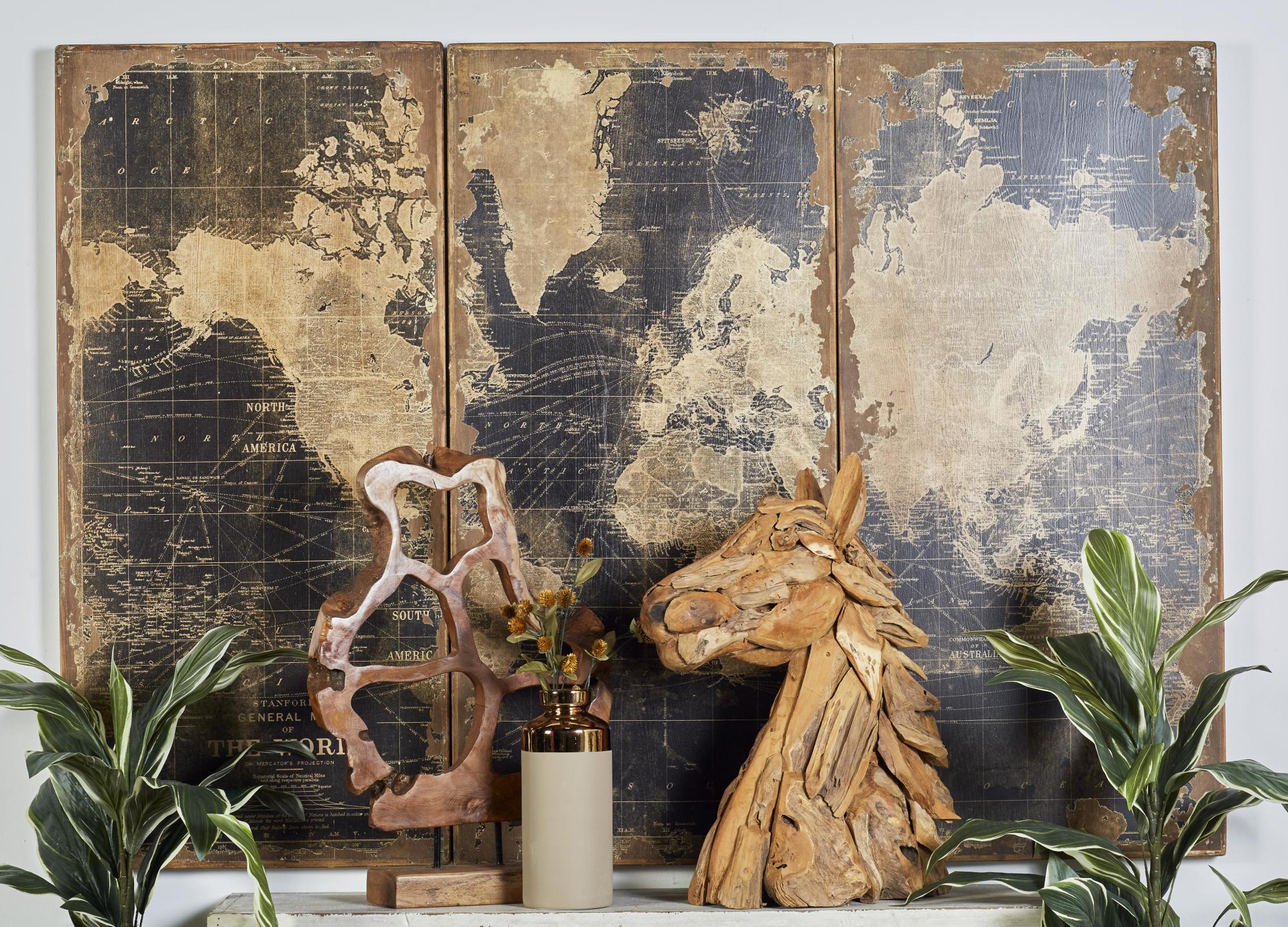 Set of 3 World Map Black Wood Panel Home Wall Decor with Brown Vintage Distressing
