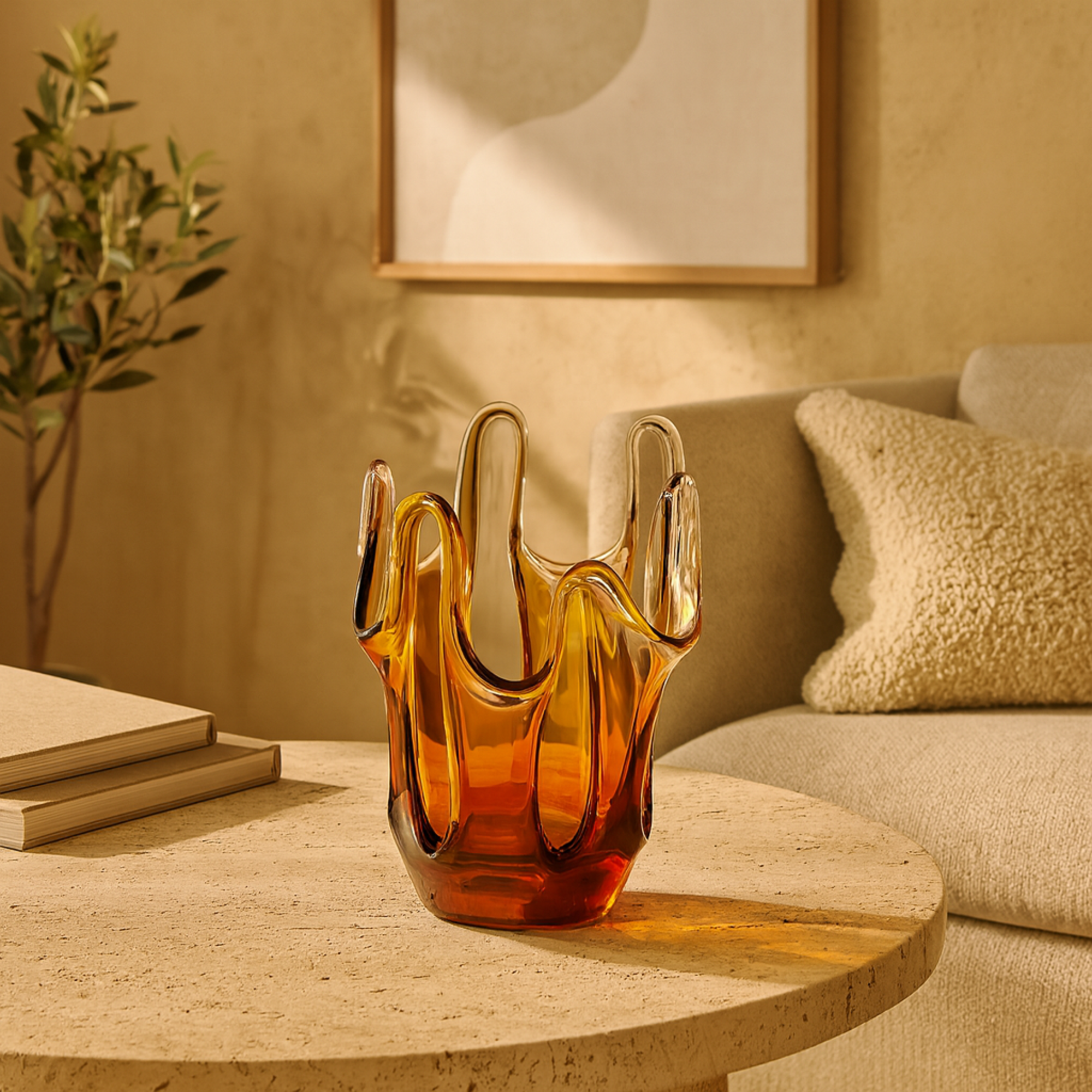 Abstract Orange Glass Ombre Decorative Vase with Wavy Oval Cutouts