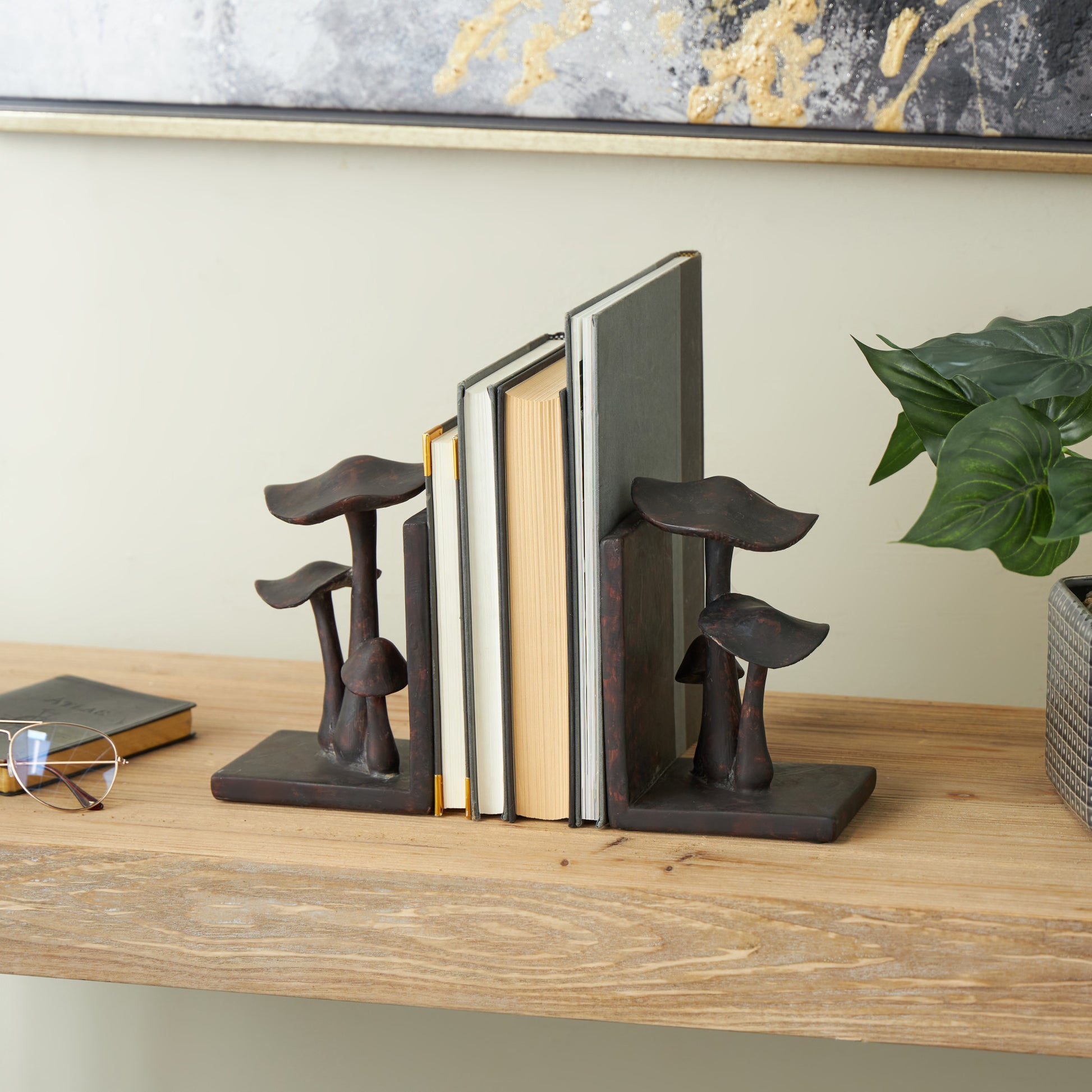 Set of 2 Mushroom Dark Brown Polyresin Decorative Bookends with Copper Shadings
