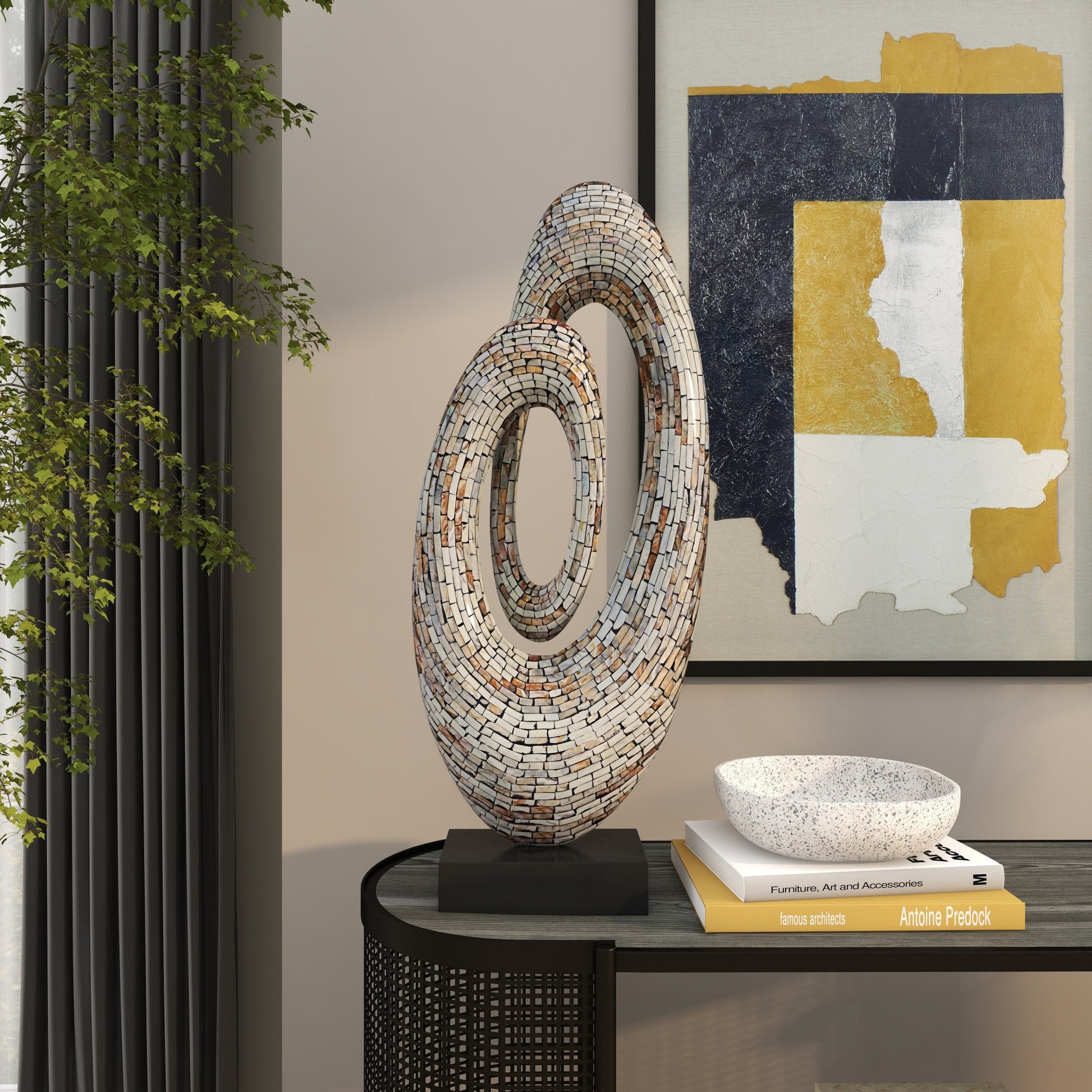 Abstract Mother of Pearl Shell Swirl Decorative Sculpture with Black Base