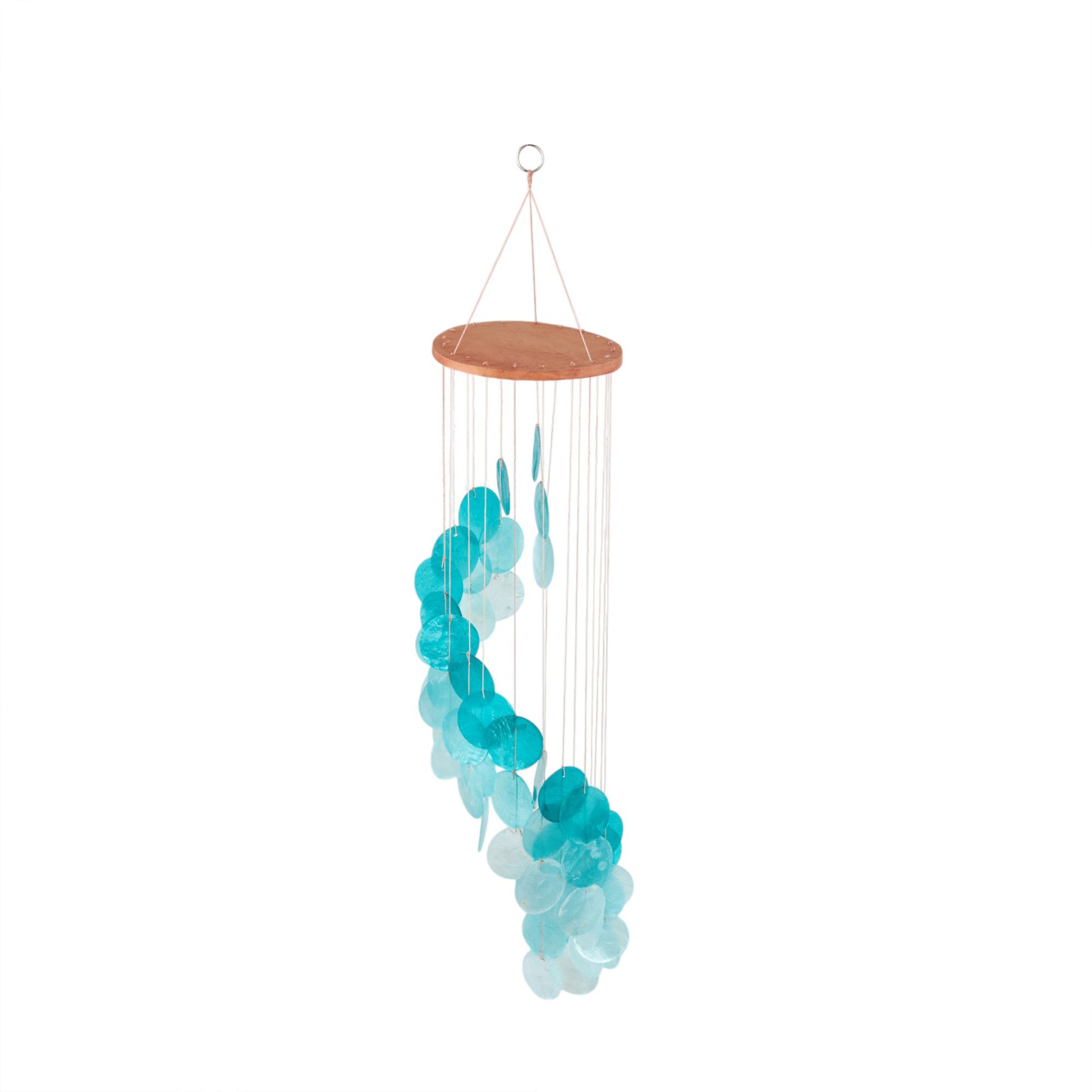 Geometric Teal Capiz Shell Waterfall Indoor Outdoor Windchime with Silver Ring