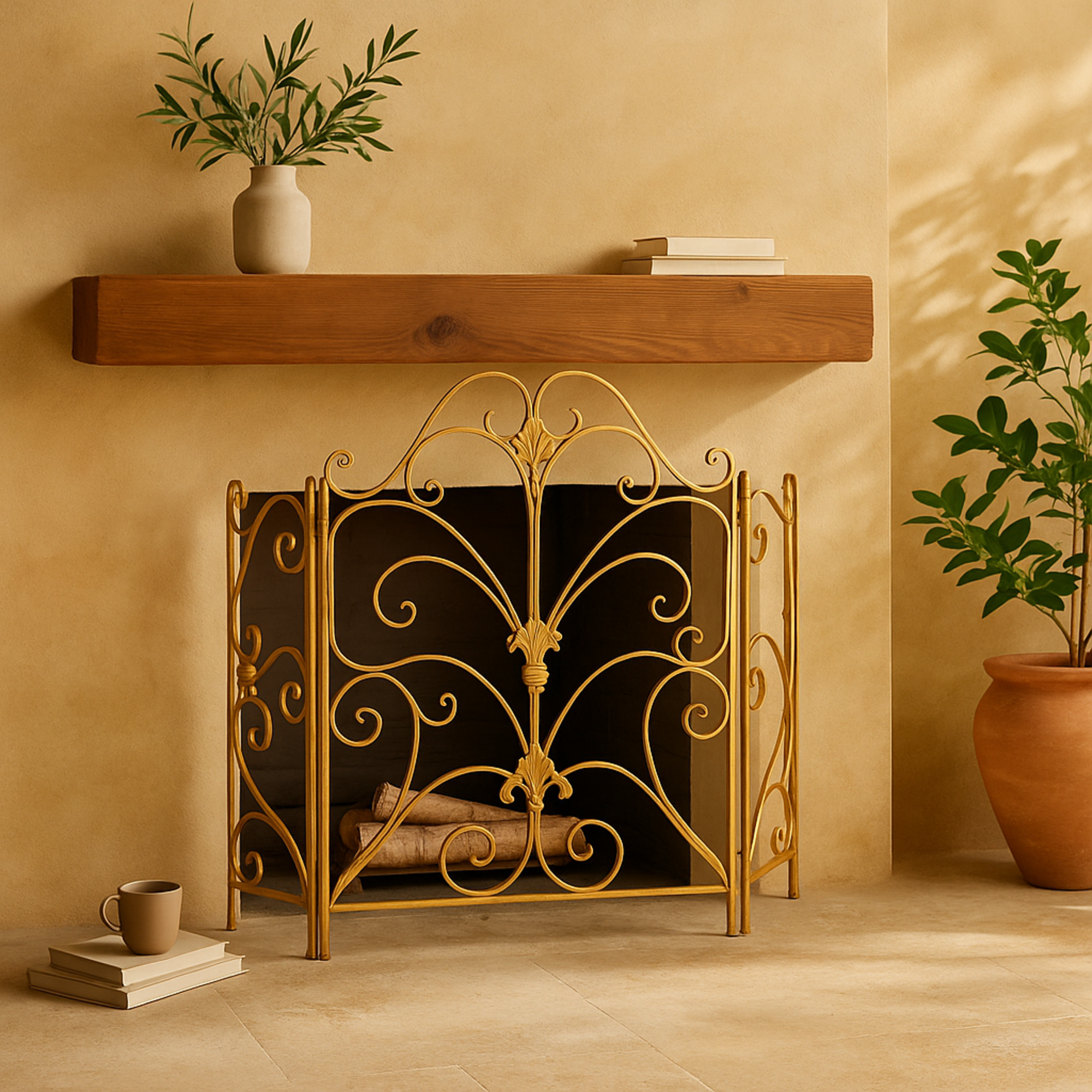 Scroll Gold Metal Foldable 3 Panel Living Room Fireplace Screen with Fleur De Lis Accents
