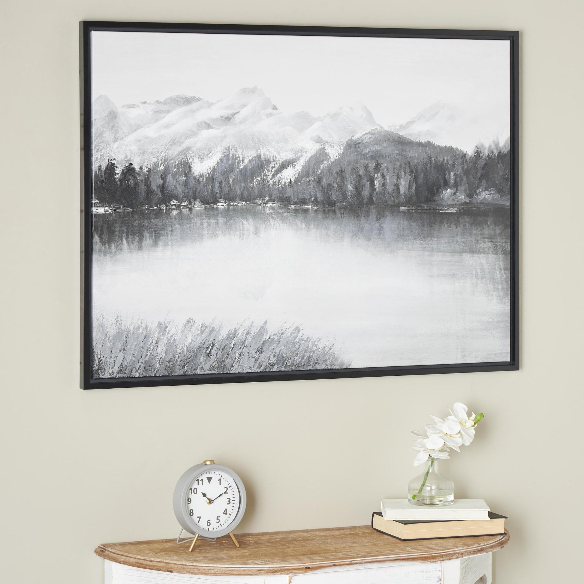 Landscape Gray Canvas Neutral Toned Lake and Mountain Living Room Framed Wall Art with Black Frame