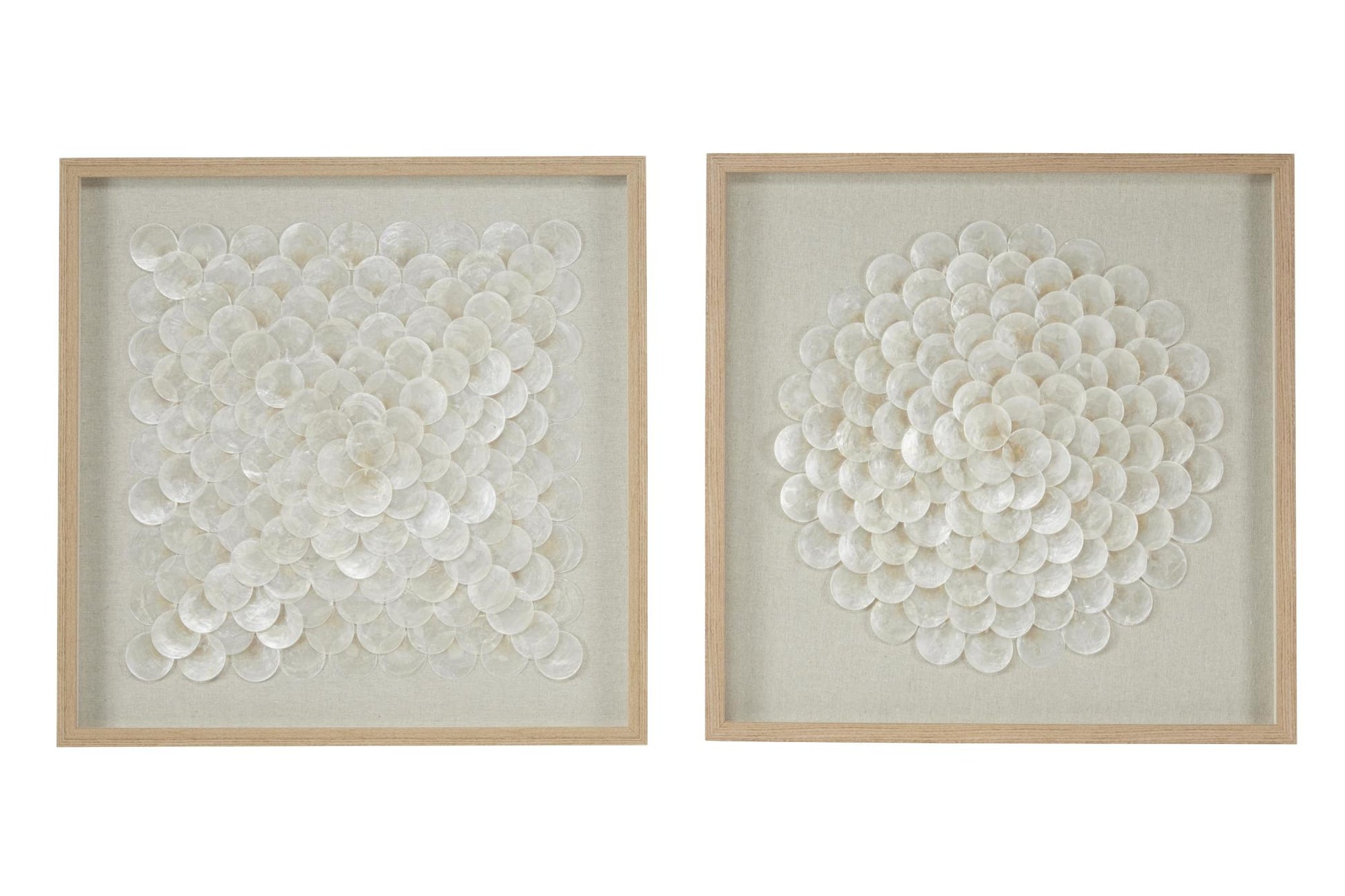 Set of 2 Geometric Cream Shell Handmade Overlapping Shells Home Shadow Box with Canvas Backing