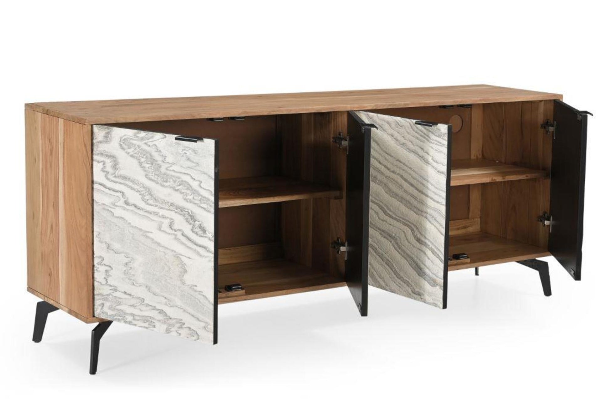 Brown Wood 4 Door Media Credenza Sideboard with White Marble Veneer Doors and Angled Black Legs