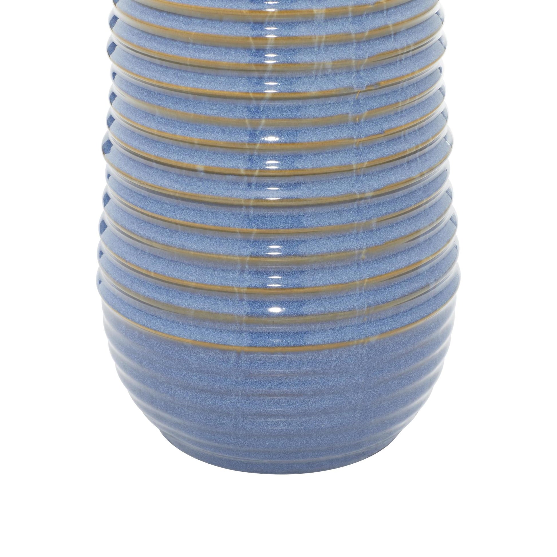 Blue Ceramic Ribbed Room Table Lamp with Drum Shade