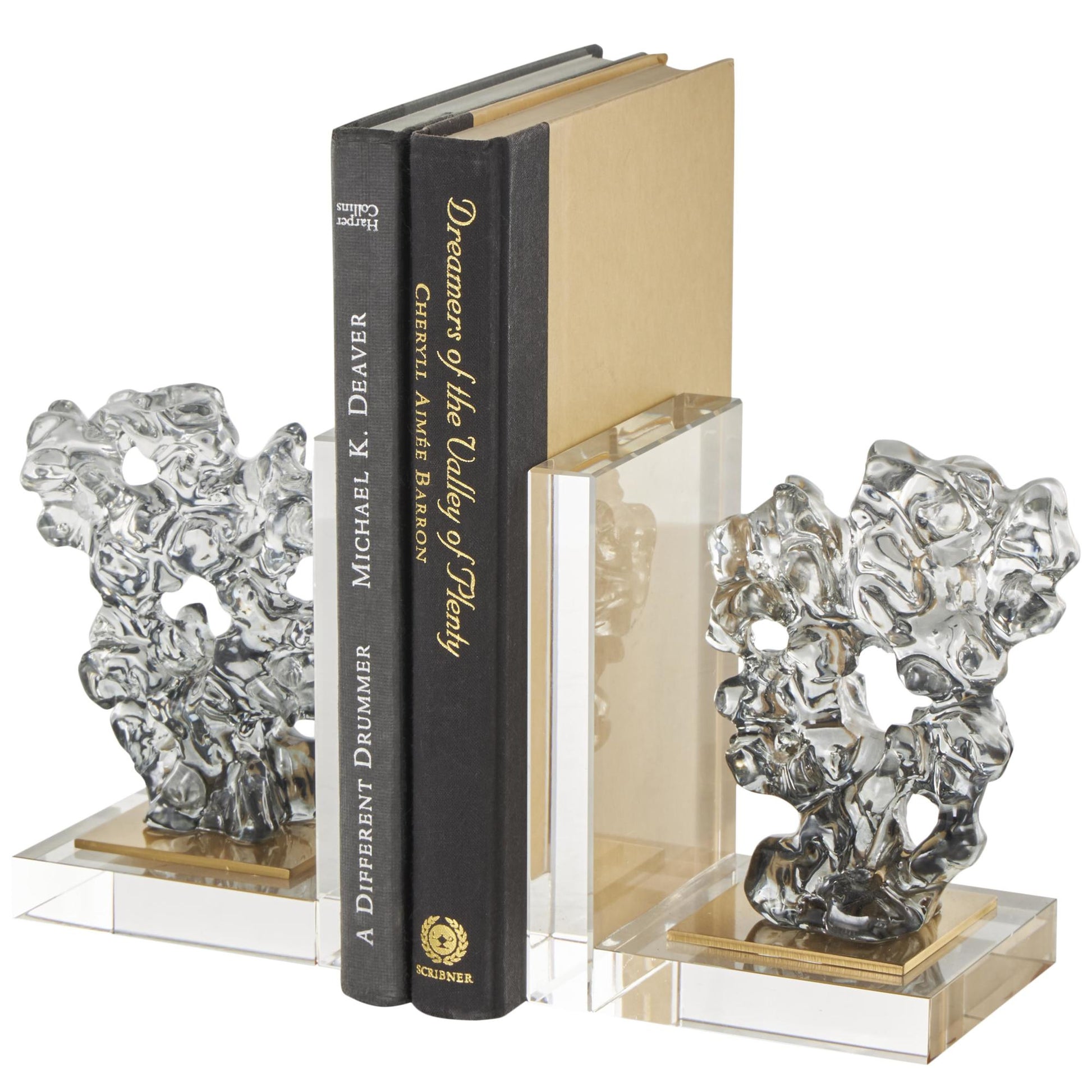 Set of 2 Coral Clear Glass Handmade Freeform Decorative Bookends with Clear Gold Supports