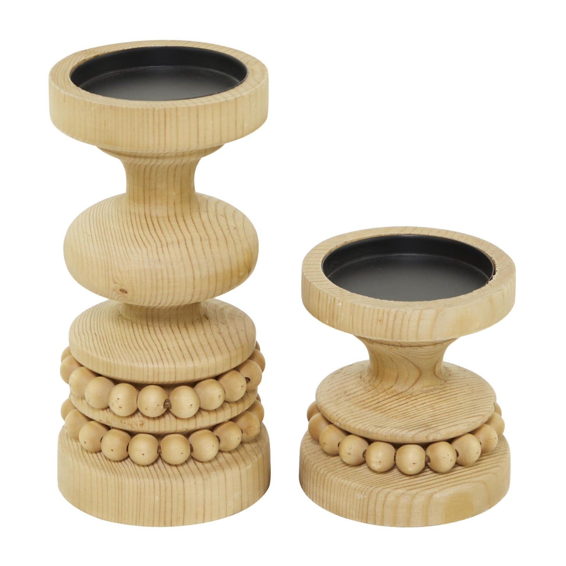 Set of 2 Wood Beaded Pillar Decorative Candle Holder