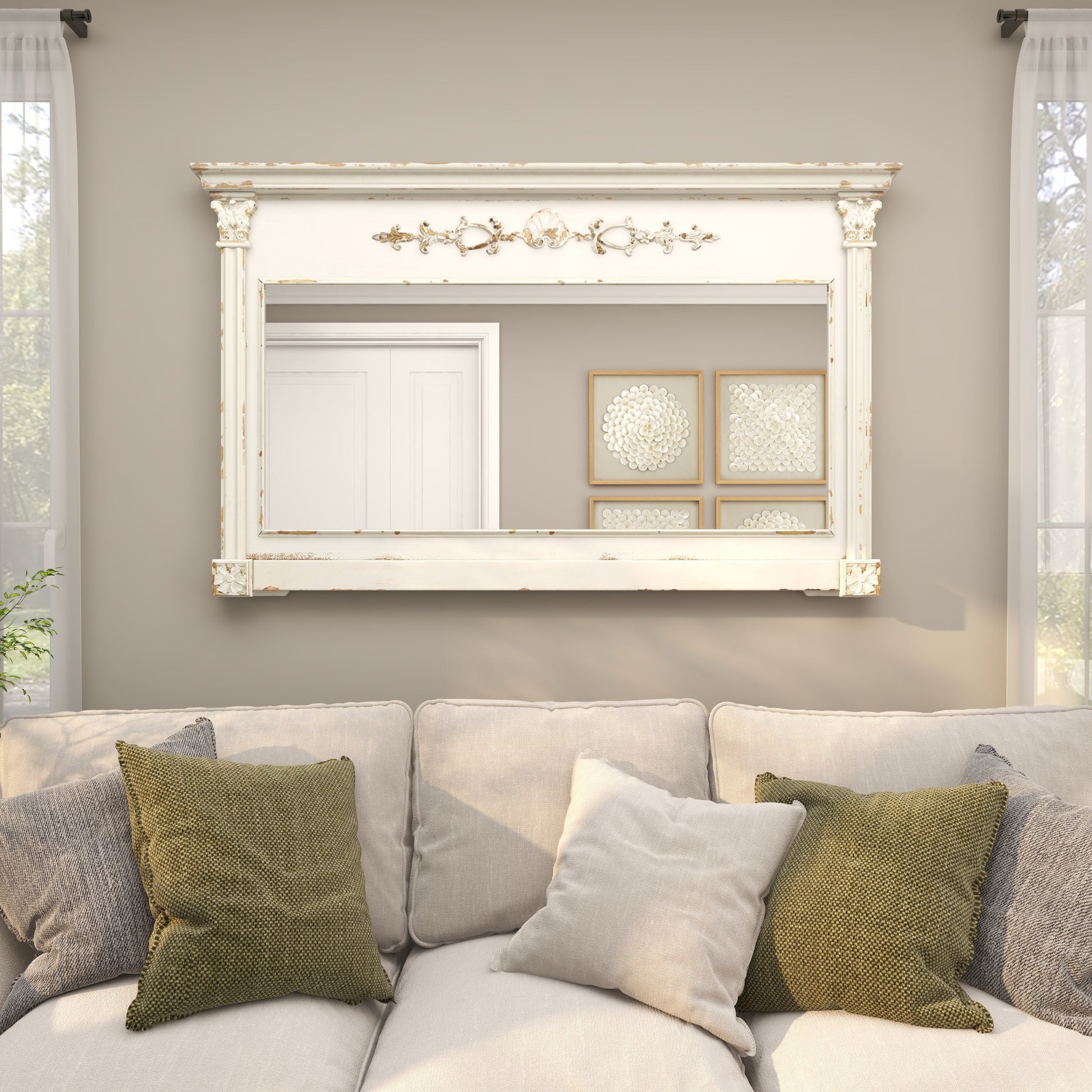 Floral Cream Wood Carved Room Wall Mirror with Distressing