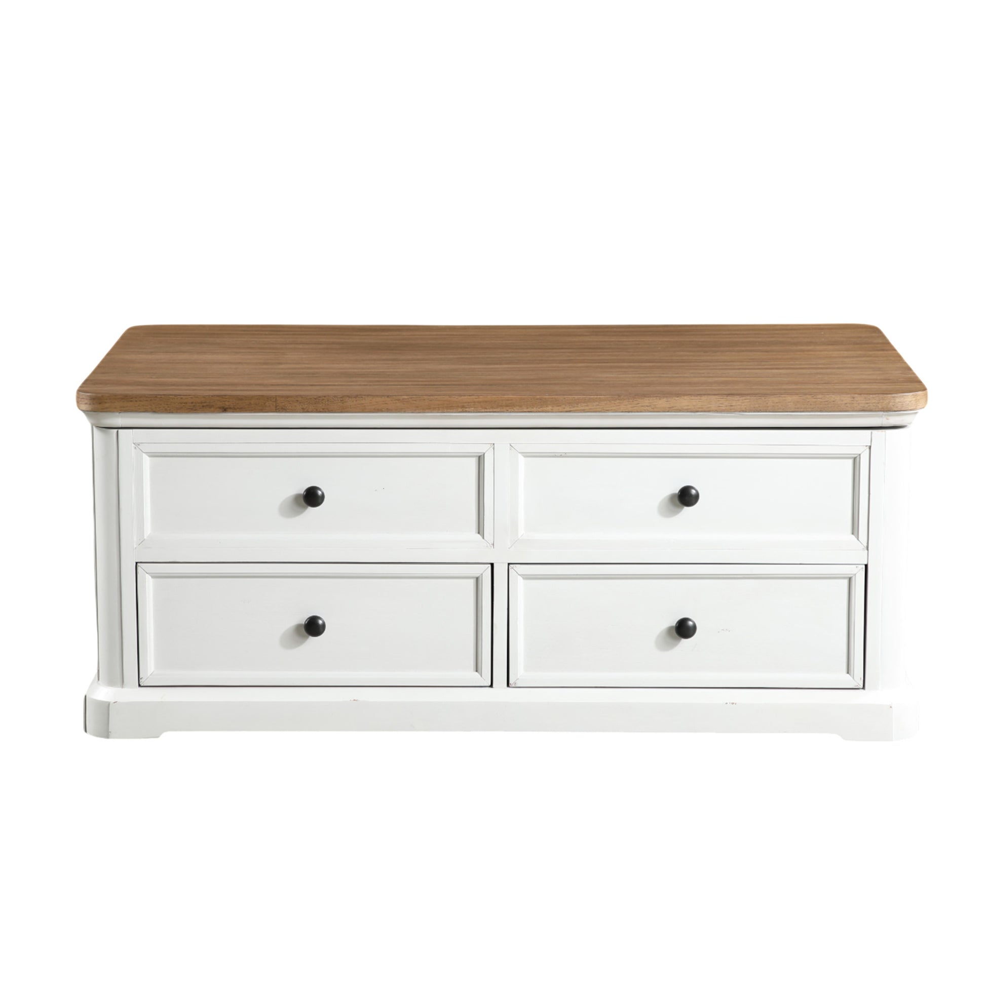 White Wood Lift Top Hidden Storage 4 Drawer Living Room Coffee Table with Brown Wood Tabletop and Black Round Knobs