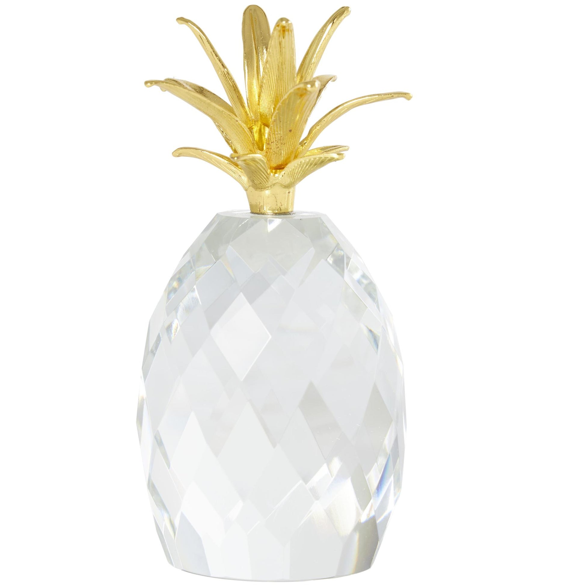 Set of 3 Fruit Clear Crystal Faceted Pineapple Decorative Sculpture with Gold Leaves