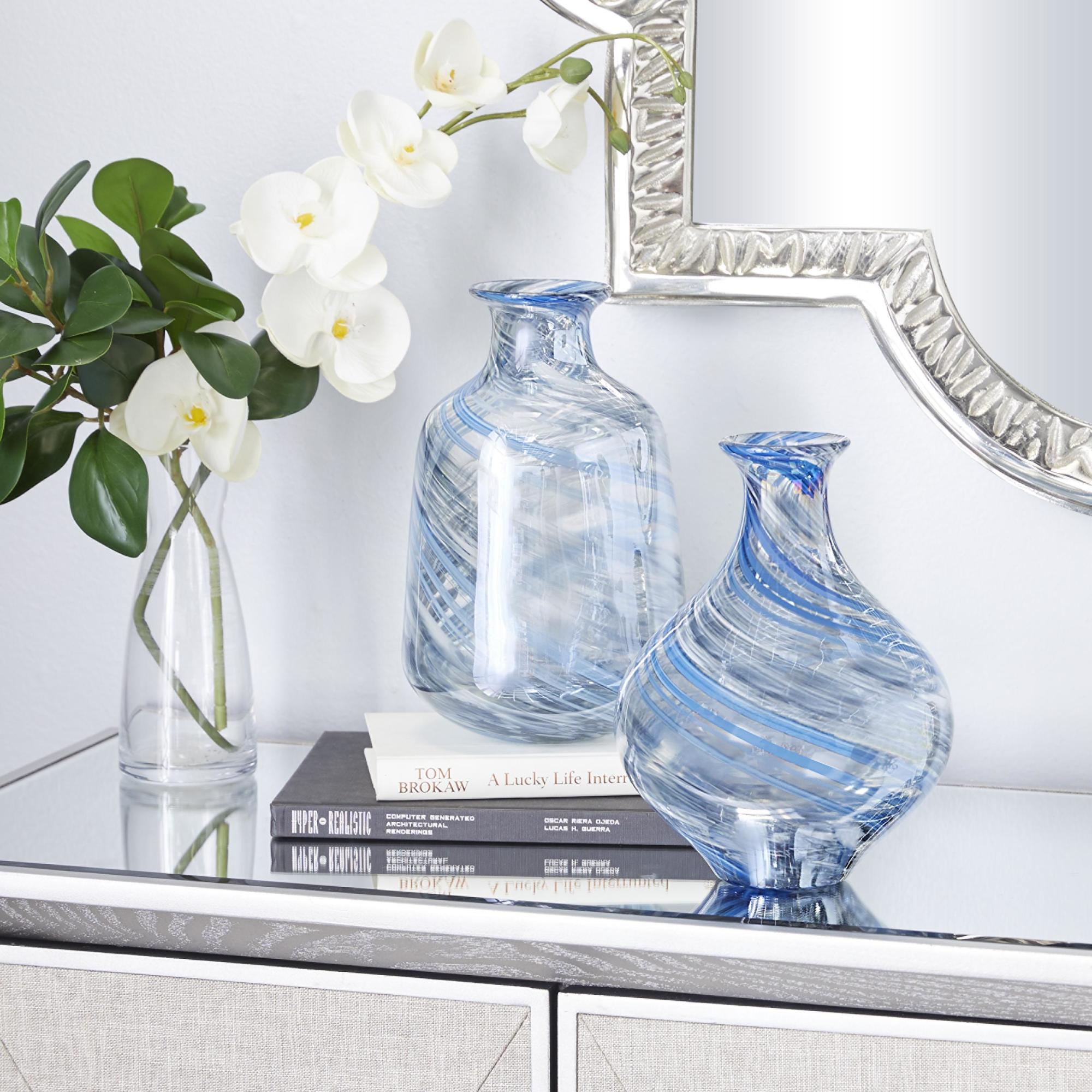 Set of 2 Blue Glass Handmade Blown Decorative Vase