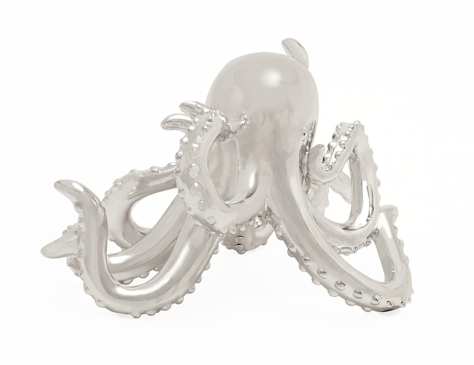 Octopus Silver Polystone Decorative Sculpture with Long Tentacles and Suctions Detailing
