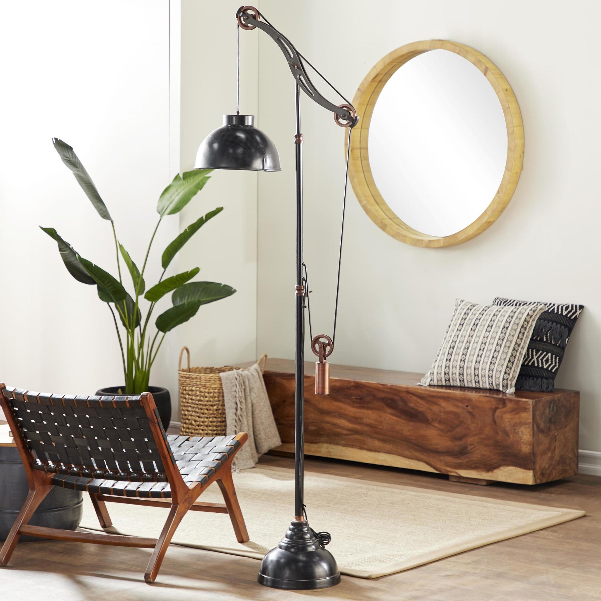 Black Aluminum Metal Pulley Room Floor Lamp with Copper Accents