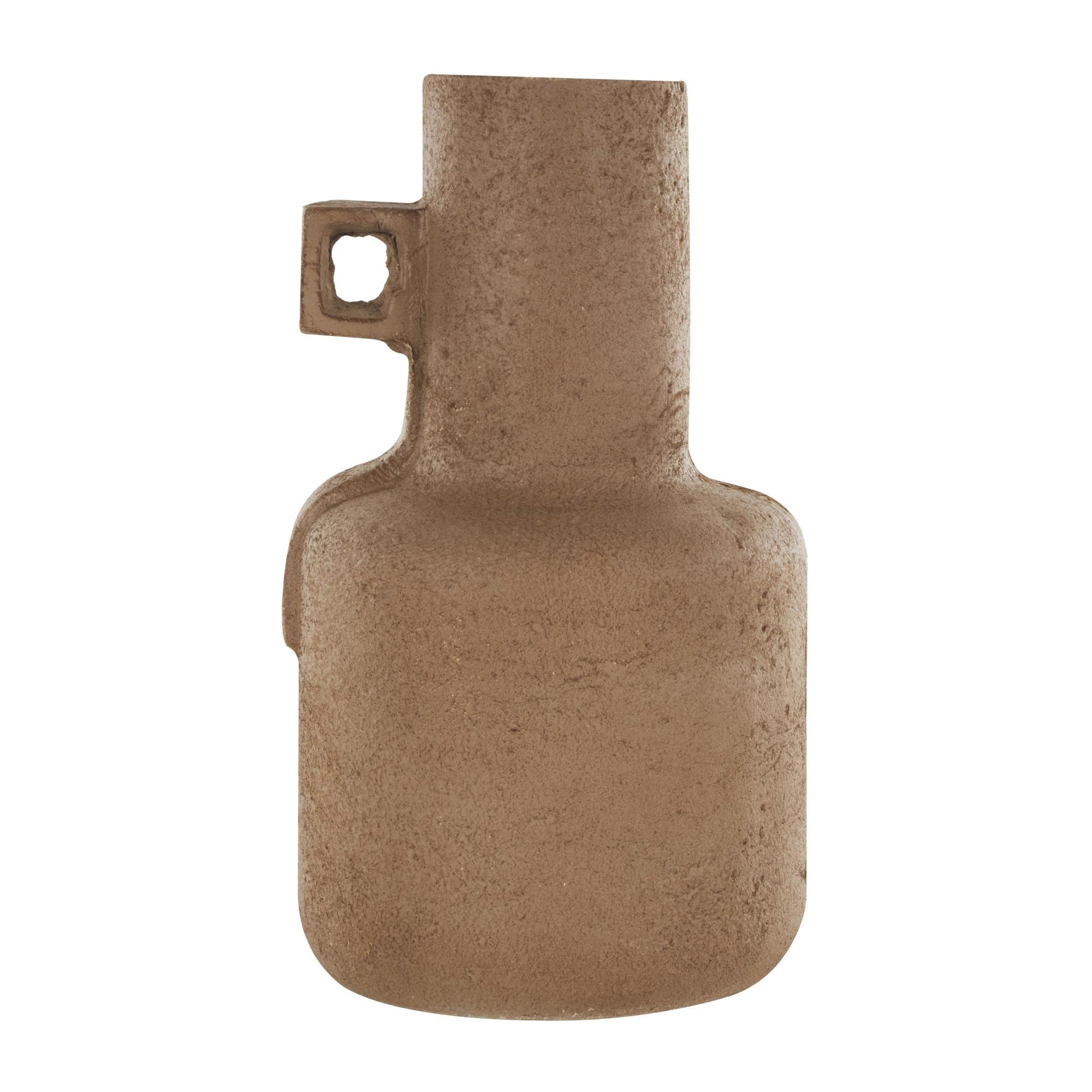 Abstract Brown Paper Mache Distressed Textured Decorative Vase with Triangular Handle