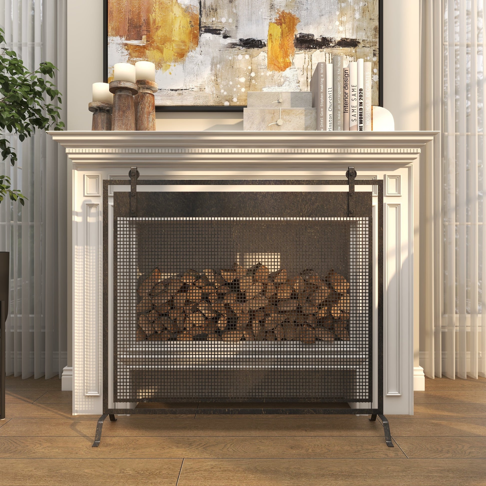 Geometric Metal Suspended Grid Style Single Panel Living Room Fireplace Screen with Bolted Detailing