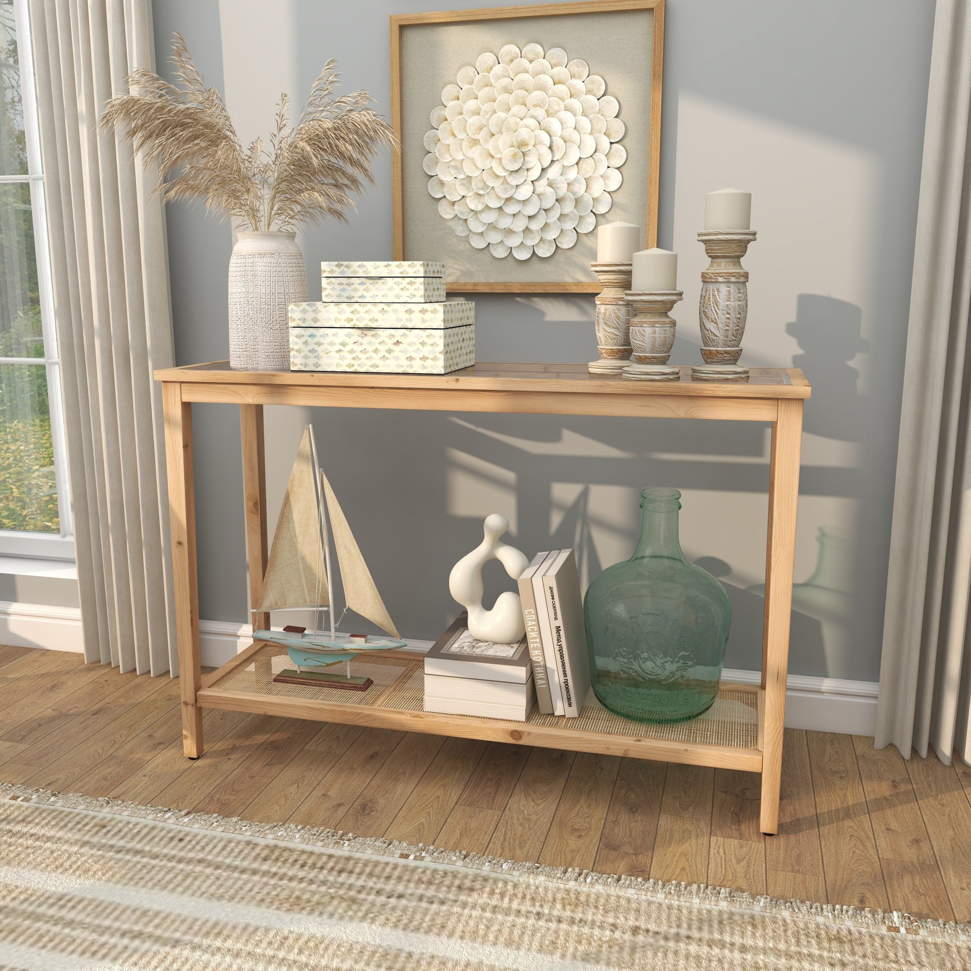Brown Wood Slim Natural Living Room Console Table with Glass Top and Rattan Shelf