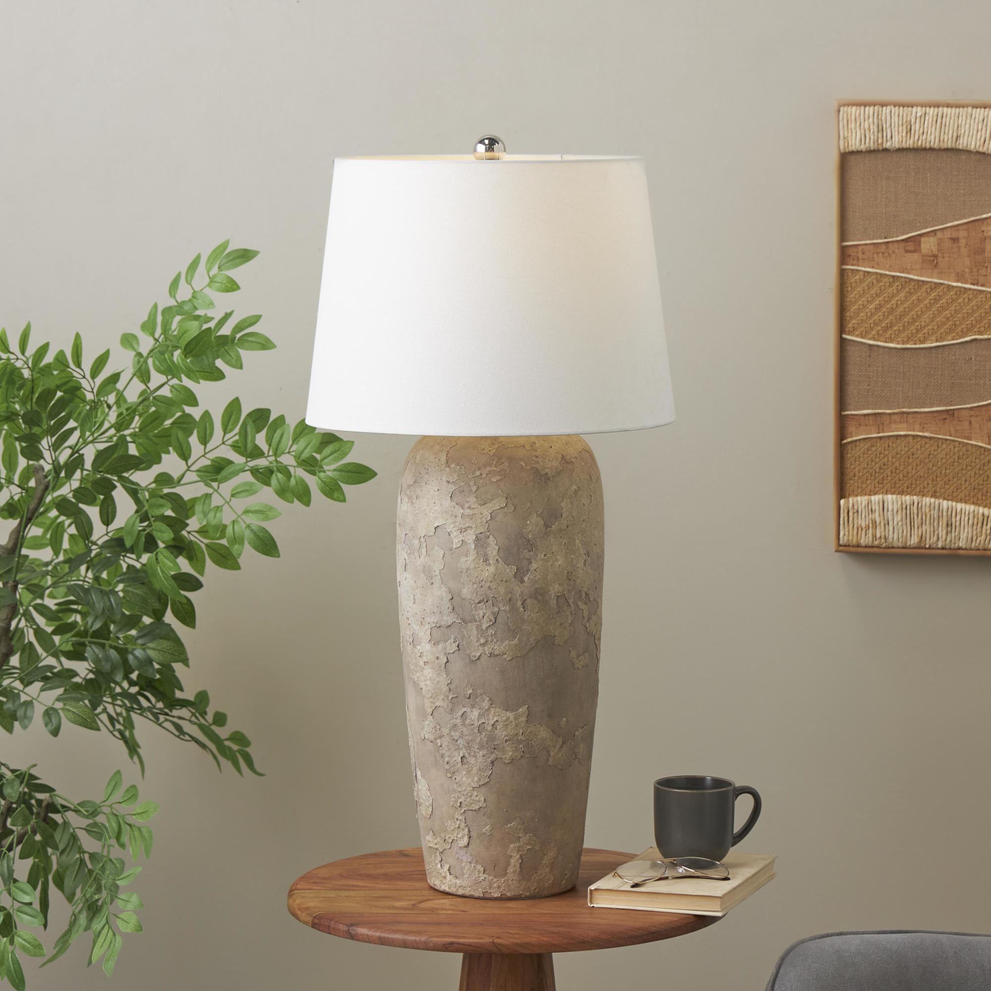 Ceramic Tall Distressed Antique Style Textured Room Table Lamp with Cream Linen Shade 17" x 17" x 35"