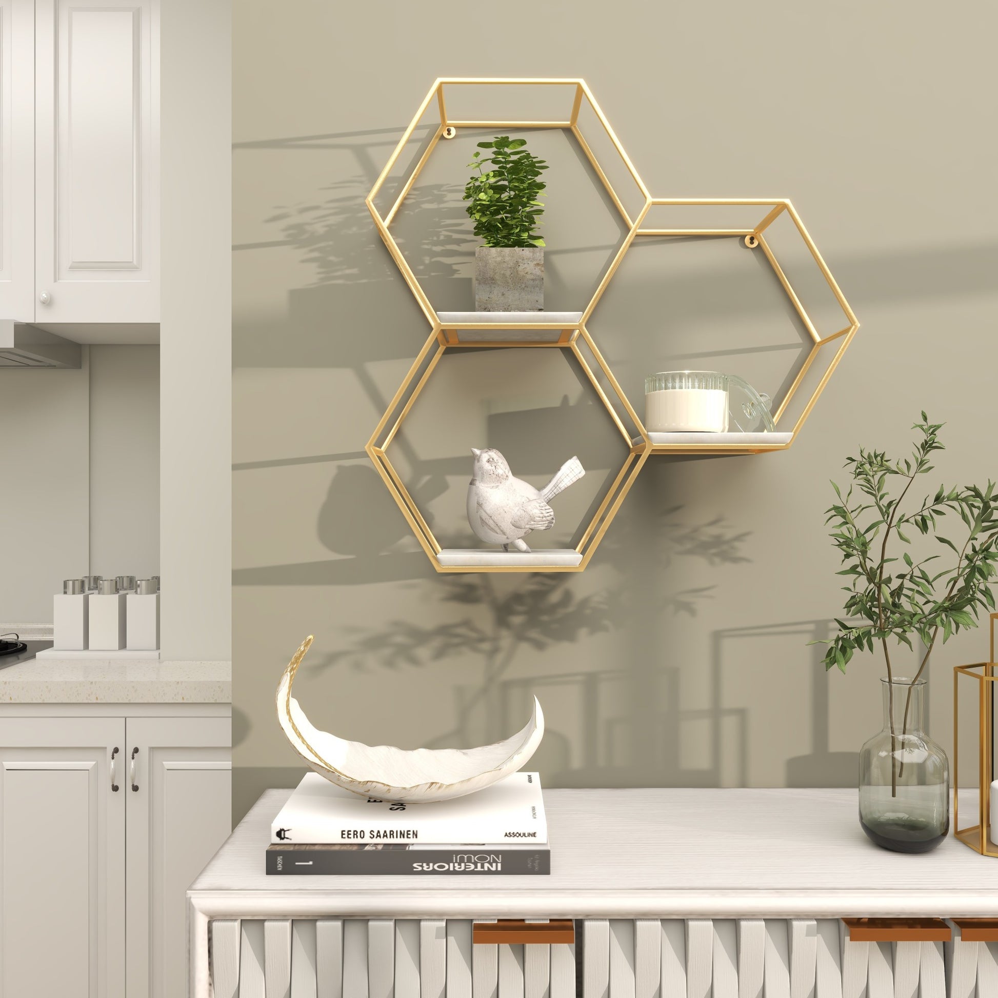 Geometric Metal Hexagon 3 Marble Shelves Room Wall Shelf with 3 Marble Shelves 26" x 5" x 24"