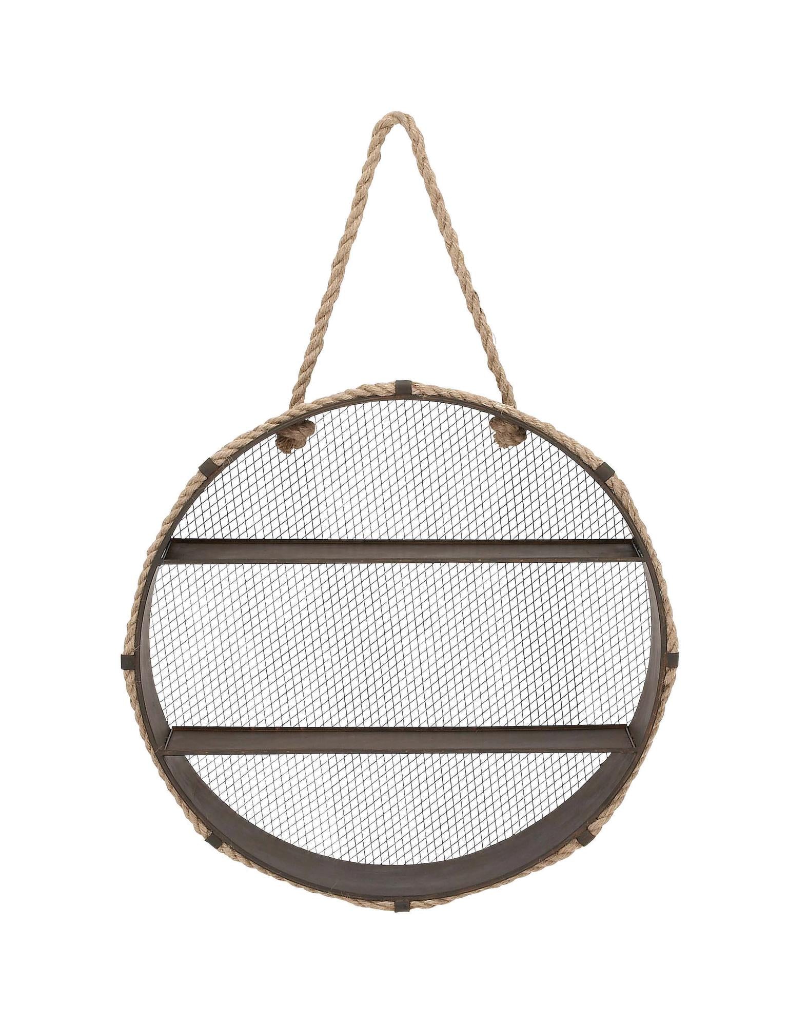 Black Metal Round 2 Shelves Room Wall Shelf with Hanging Rope
