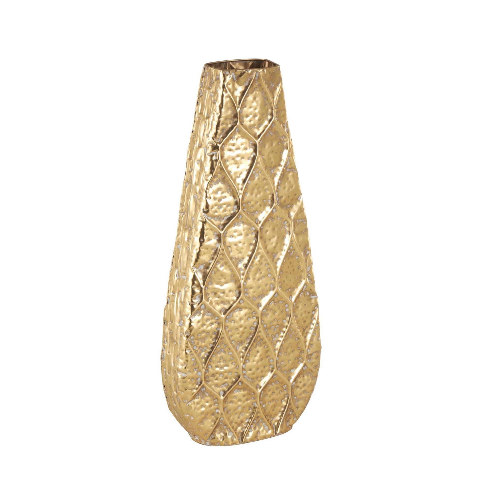 Gold Metal Textured Concaved Teardrop Decorative Vase with Peacock Inspired Design