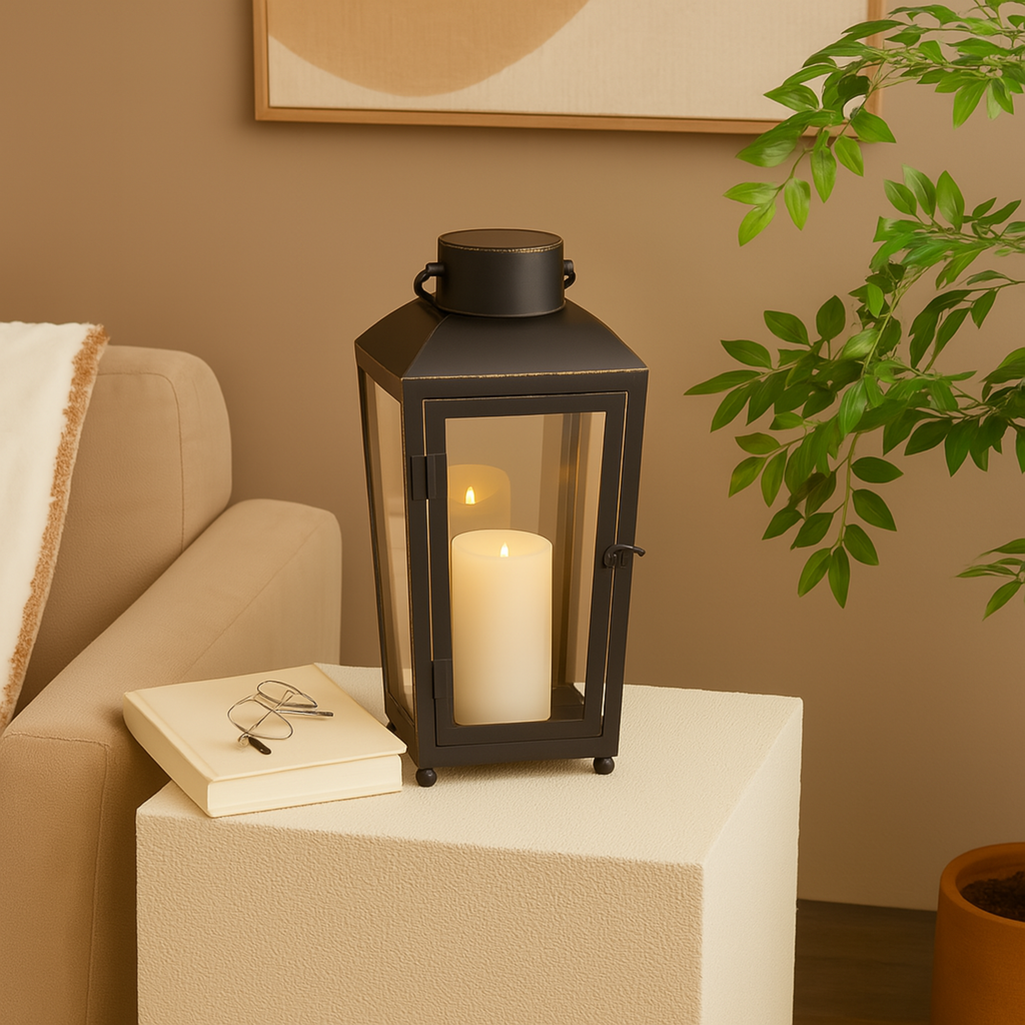 Black Metal Modern Indoor Outdoor Candle Lantern with Gold Accents