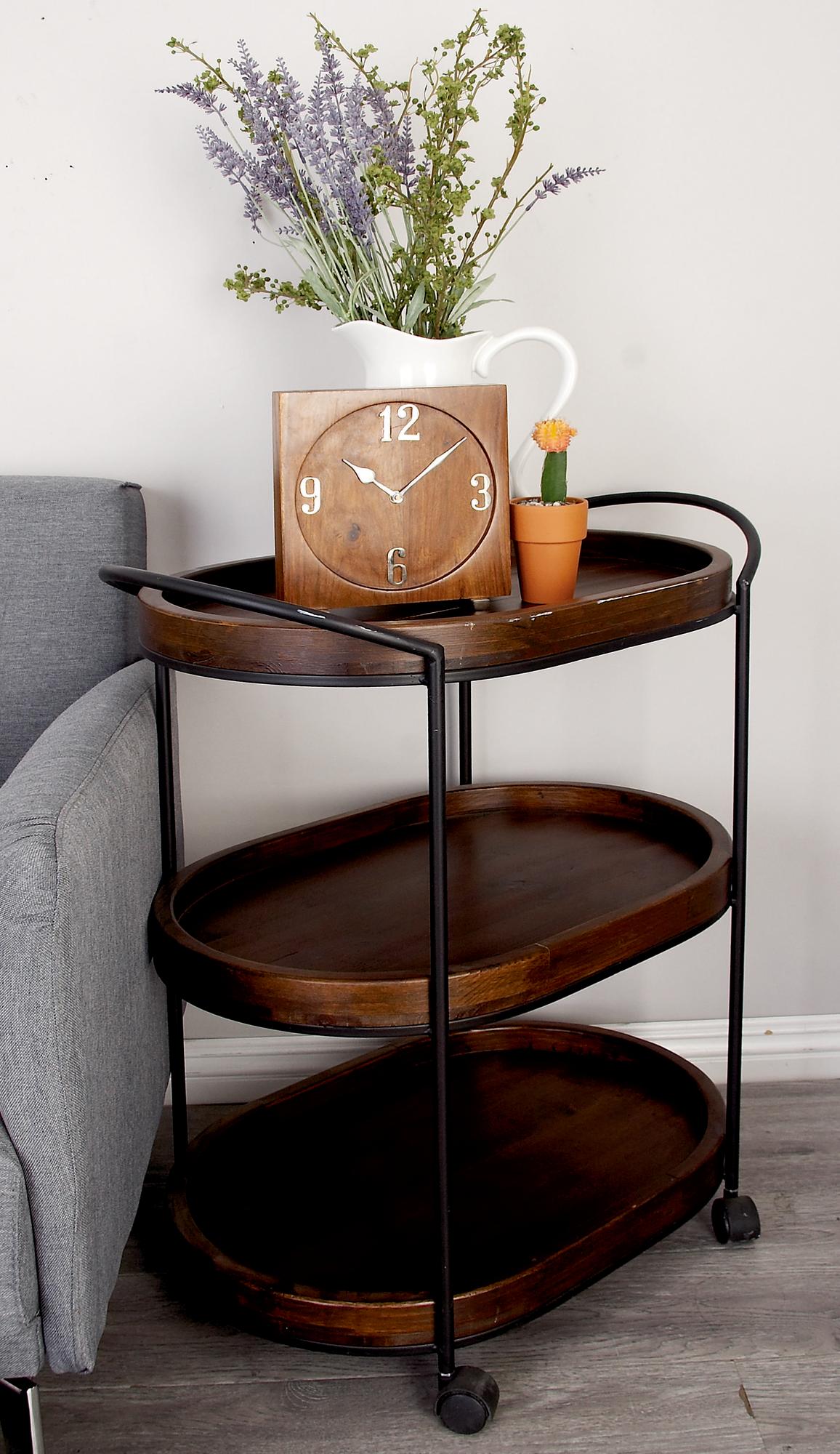 Brown Wood Rolling Oval 3 Shelf Home Bar Cart with Black Metal Frame