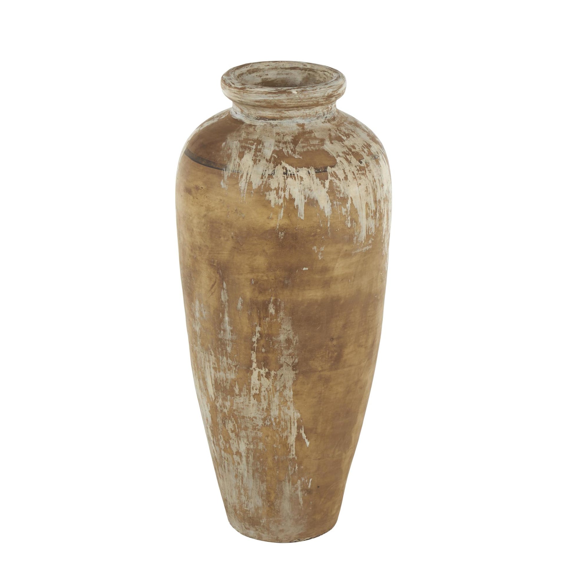 Brown Ceramic Antique Style Distressed Patina Decorative Vase with Beige Accents