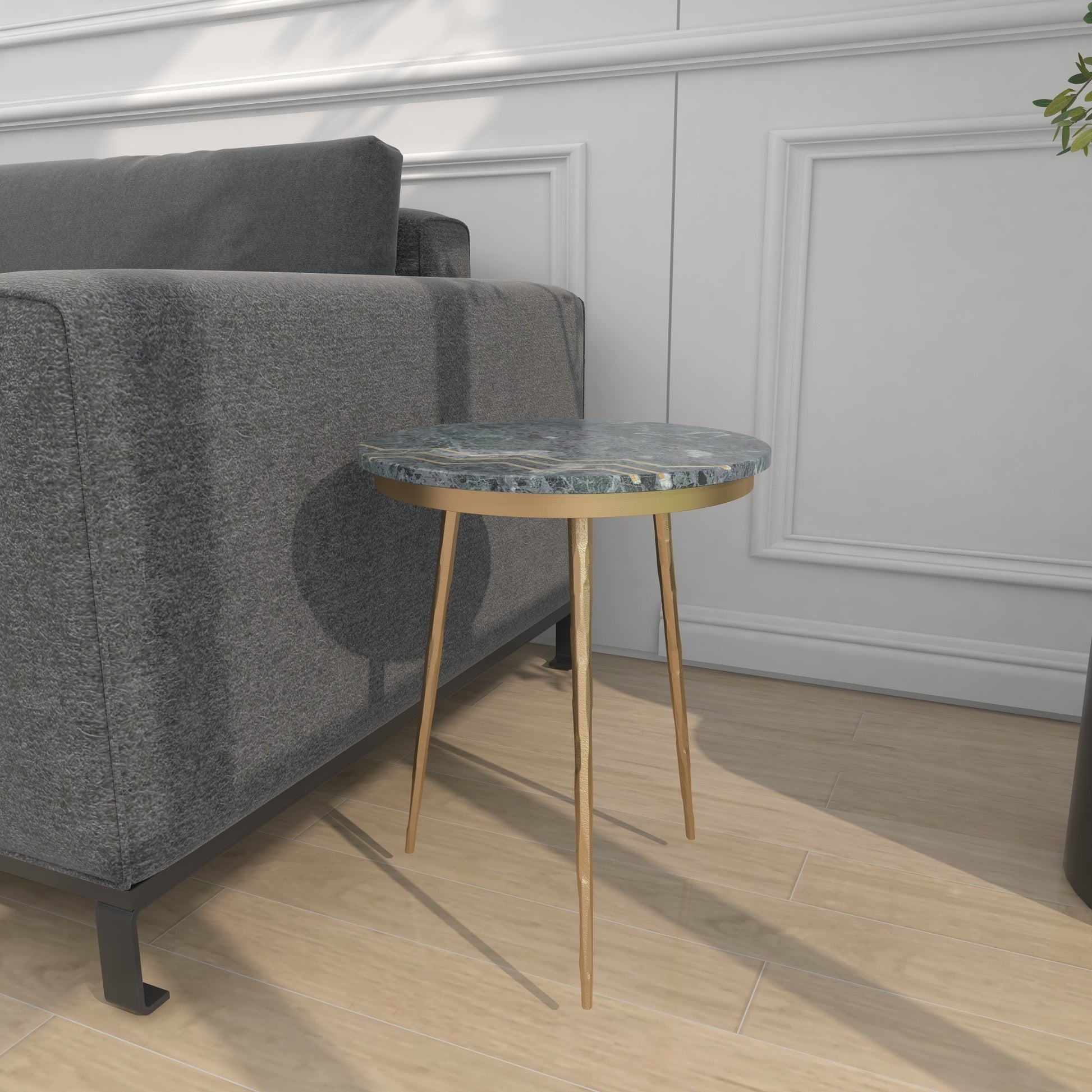 Green Marble Side End Accent Table with Gold Metal Tripod Legs and Zig-Zag Detail