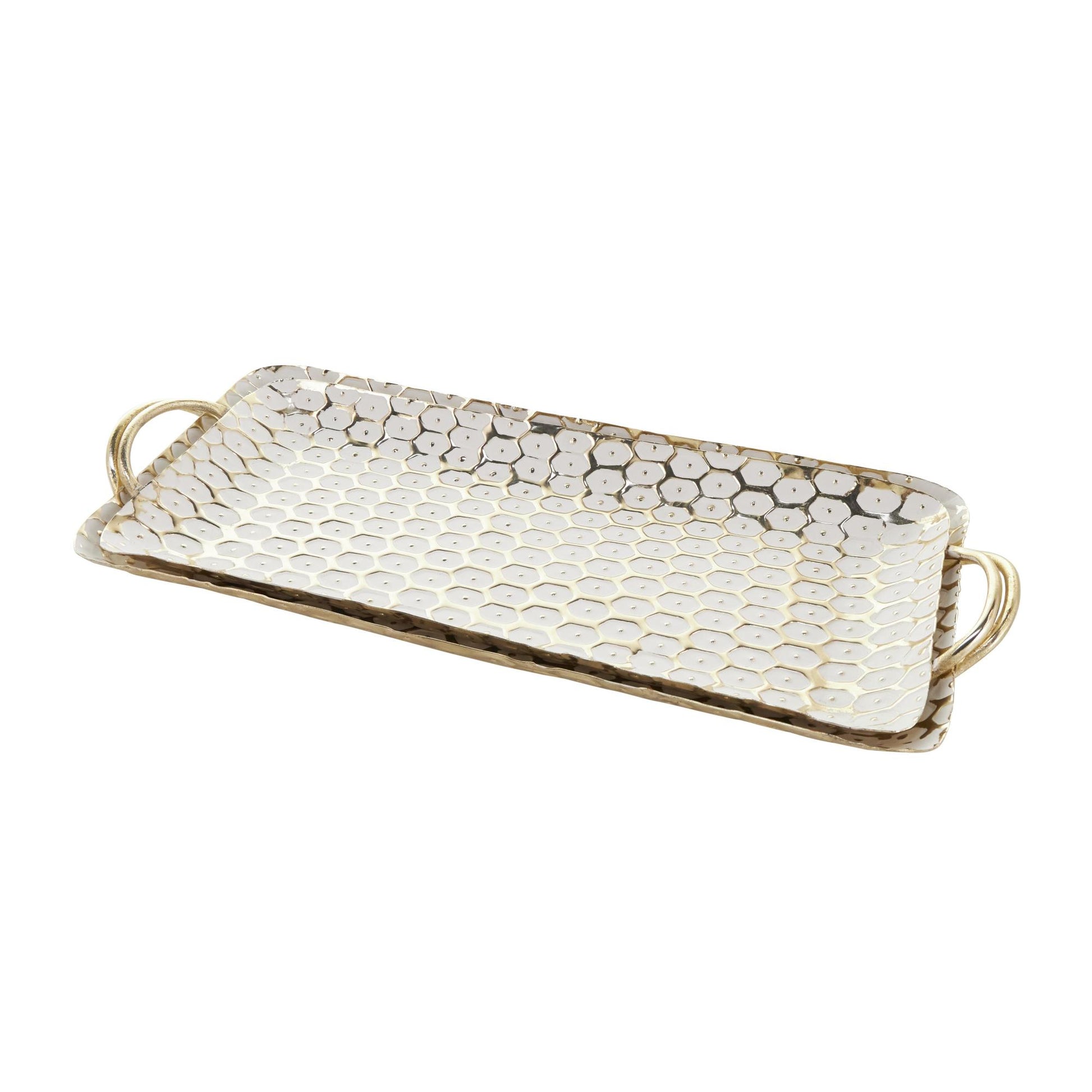 Set of 2 Geometric Gold Metal Geometric Dot Living Room Decor Tray with White Accents