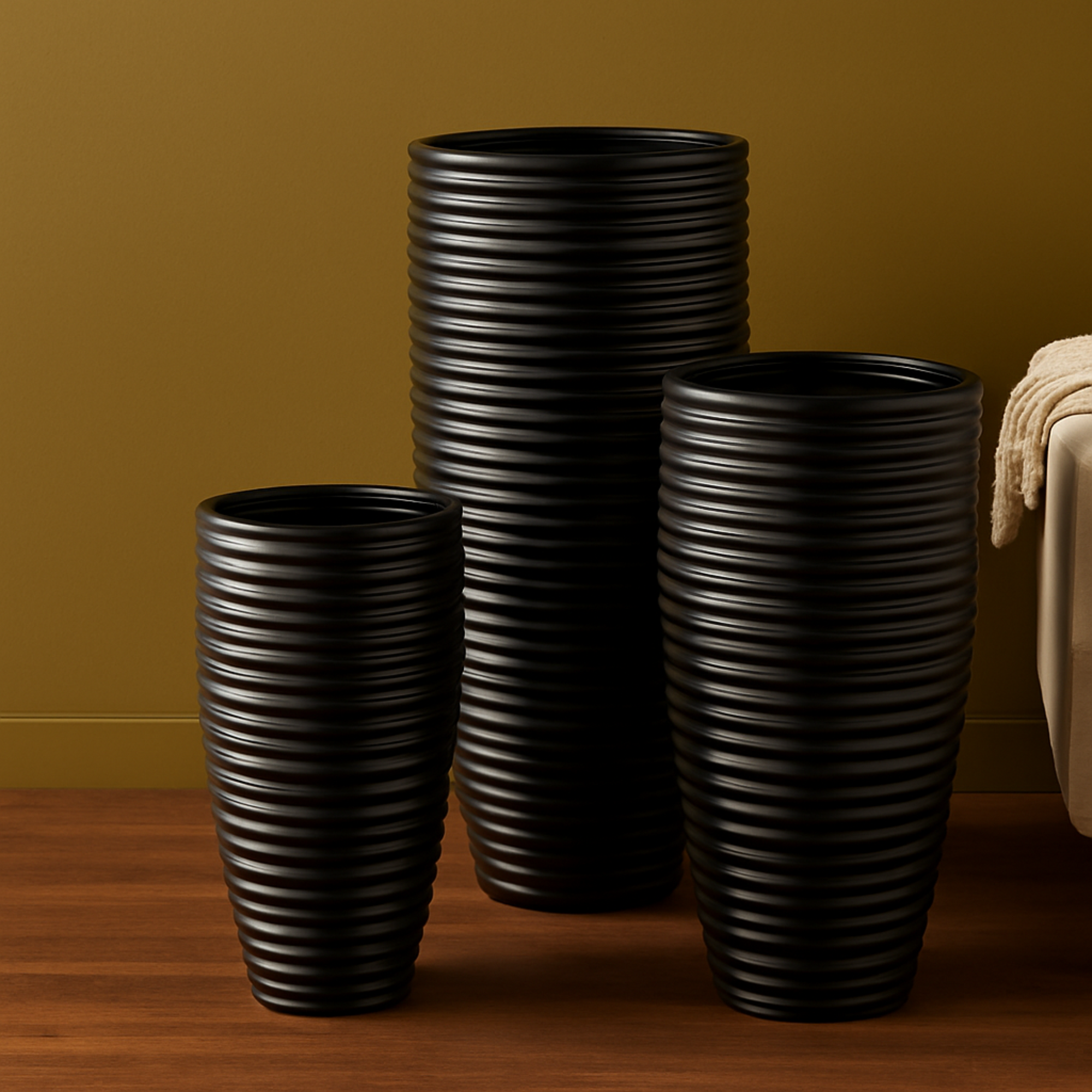 Set of 3 Black Metal Ribbed Tall Floor Decorative Vase with Horizontal Grooves