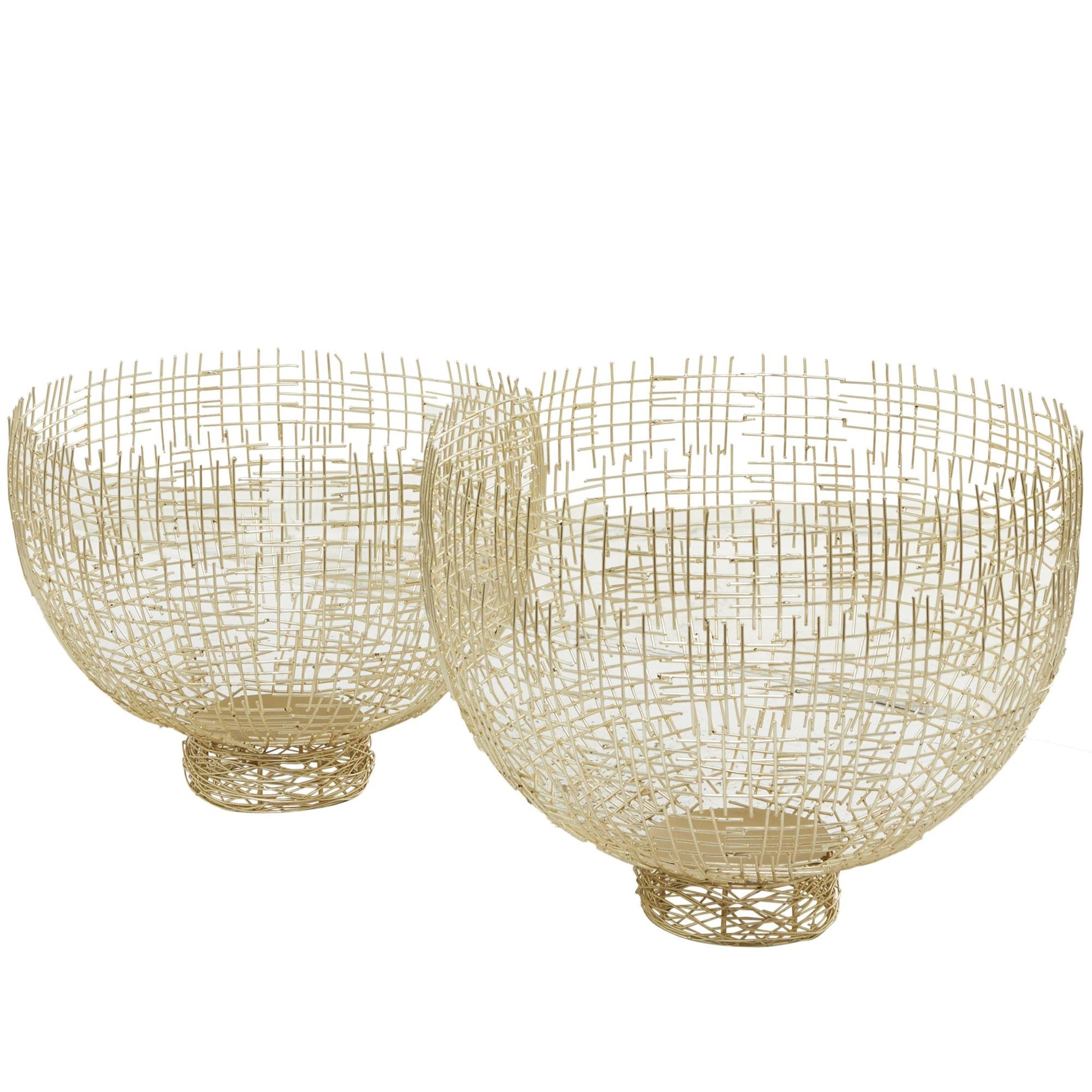 Set of 2 Gold Metal Large Decorative Bowl with Cross Hatching Patterns