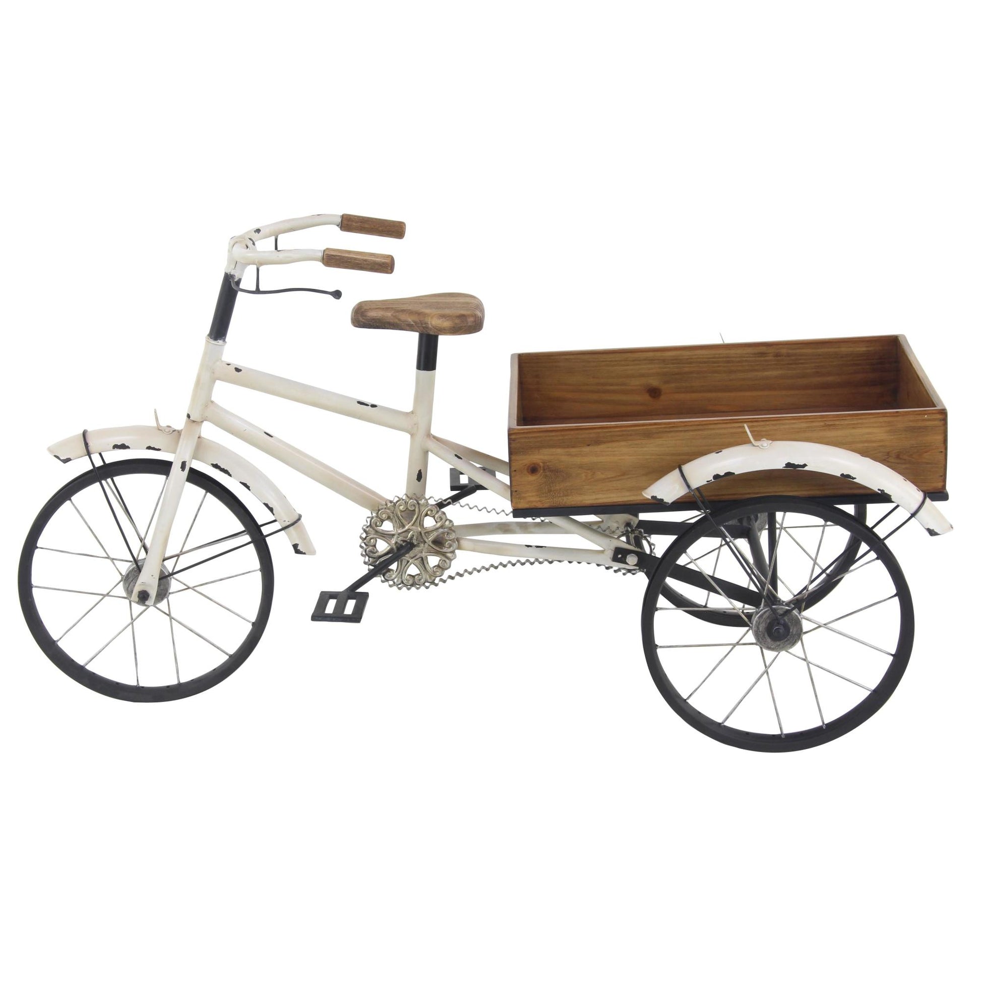 Bike White Metal Vintage Indoor Outdoor Plantstand with Brown Wood Accents